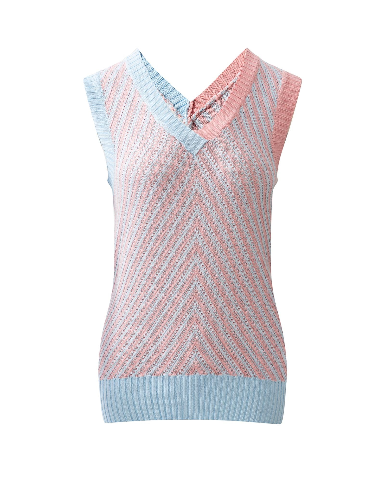 Light Pink Contrast Chevron Knit V Neck Sweater Vest - M
