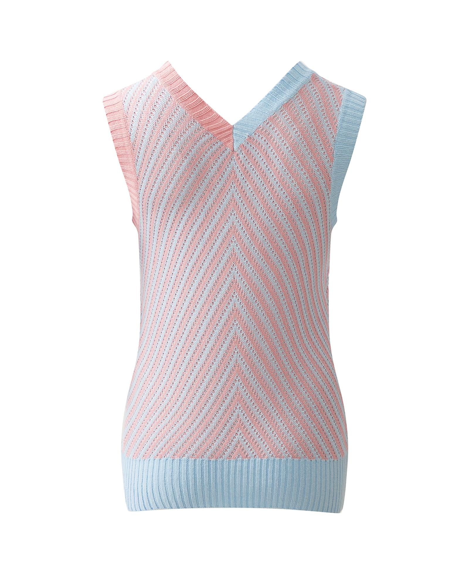 Light Pink Contrast Chevron Knit V Neck Sweater Vest - M