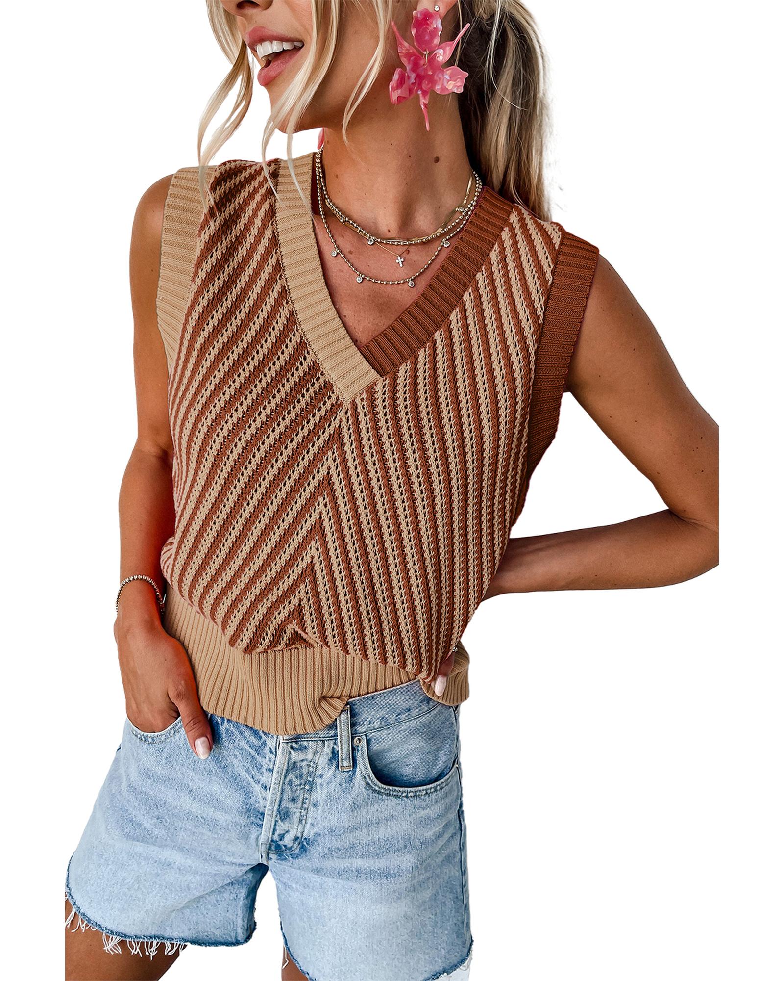 Light French Beige Contrast Chevron Knit V Neck Sweater Vest - S