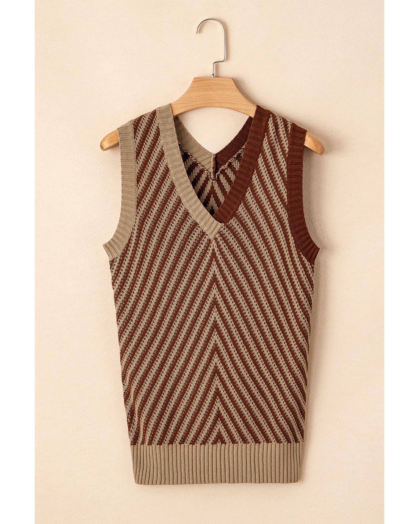 Light French Beige Contrast Chevron Knit V Neck Sweater Vest - S