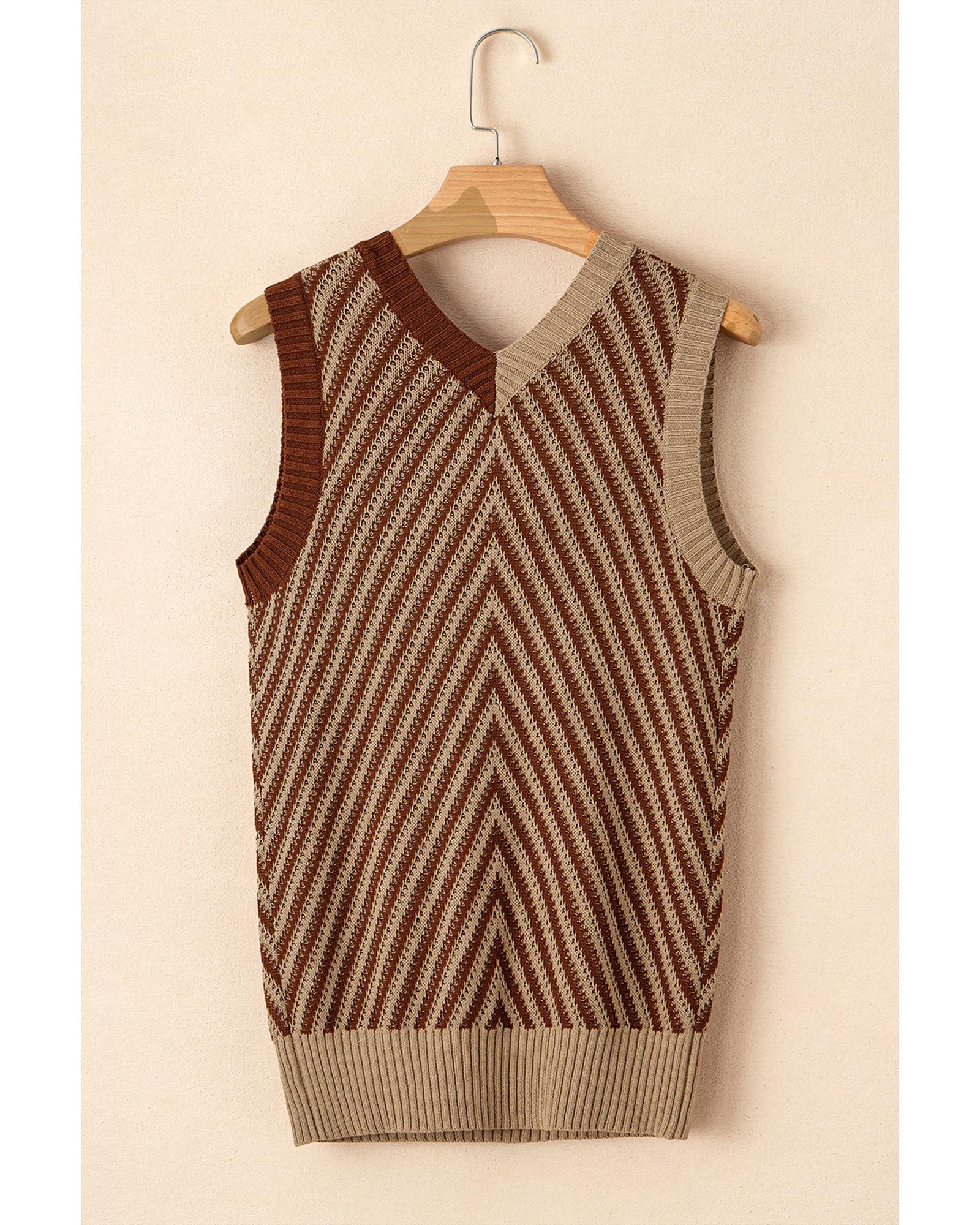 Light French Beige Contrast Chevron Knit V Neck Sweater Vest - S