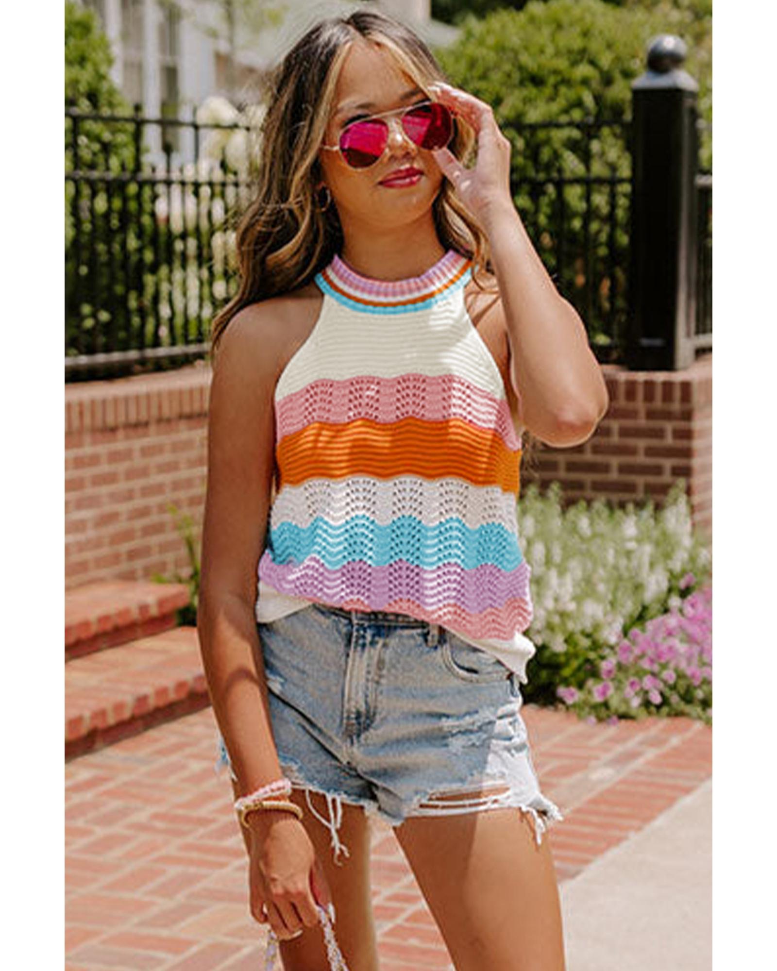 Multicolour Wavy Striped Print Textured Knit Sleeveless Sweater Top - XL