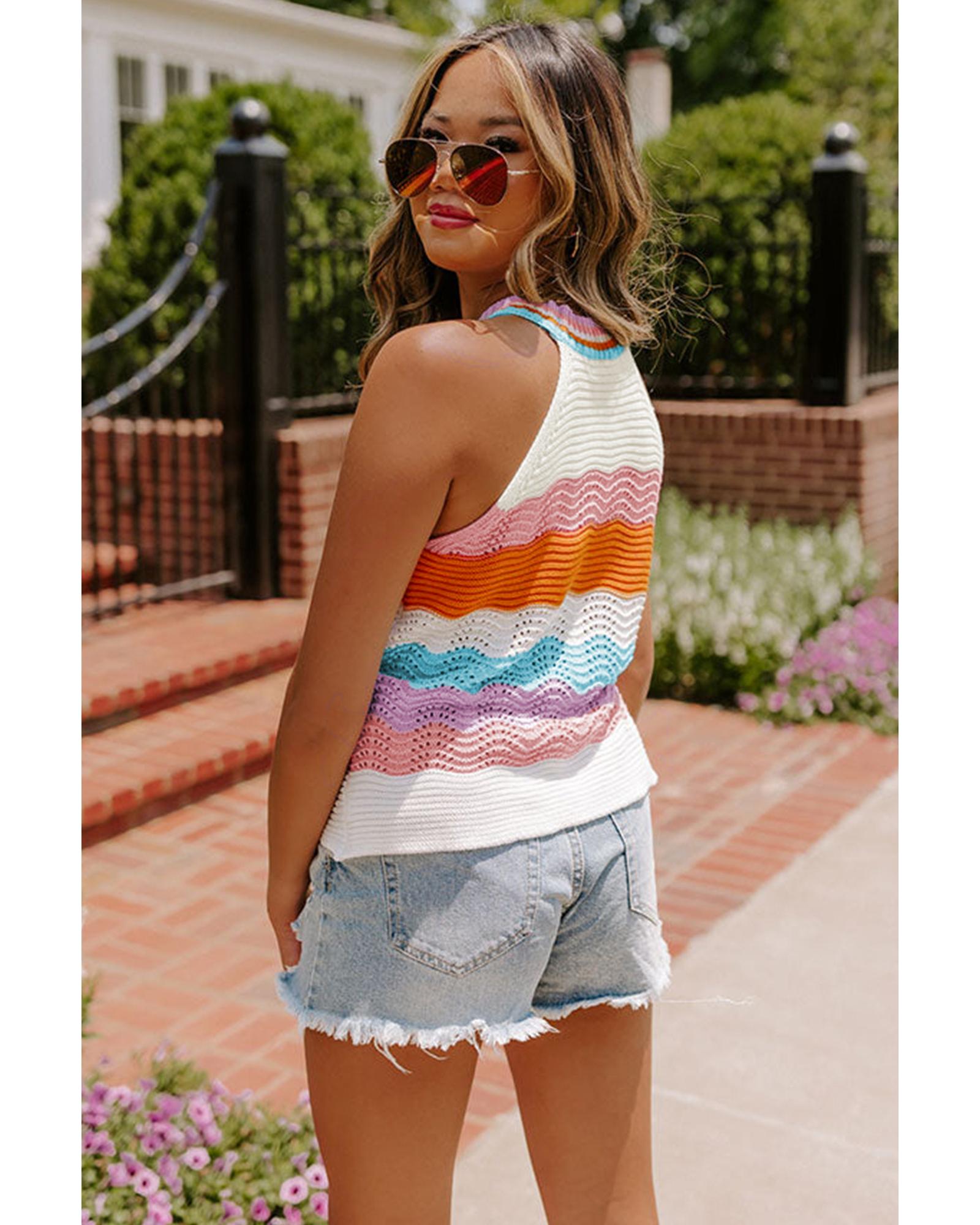 Multicolour Wavy Striped Print Textured Knit Sleeveless Sweater Top - XL
