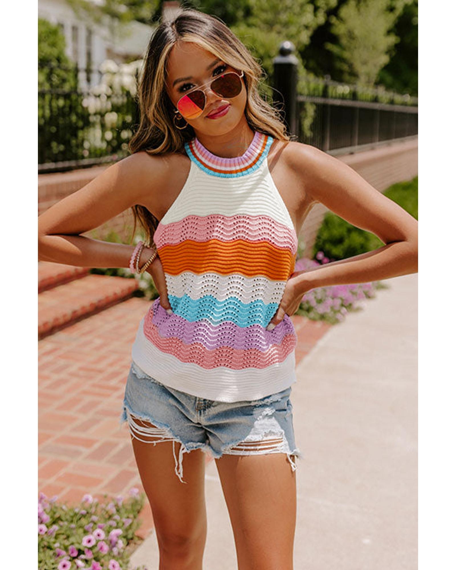 Multicolour Wavy Striped Print Textured Knit Sleeveless Sweater Top - XL