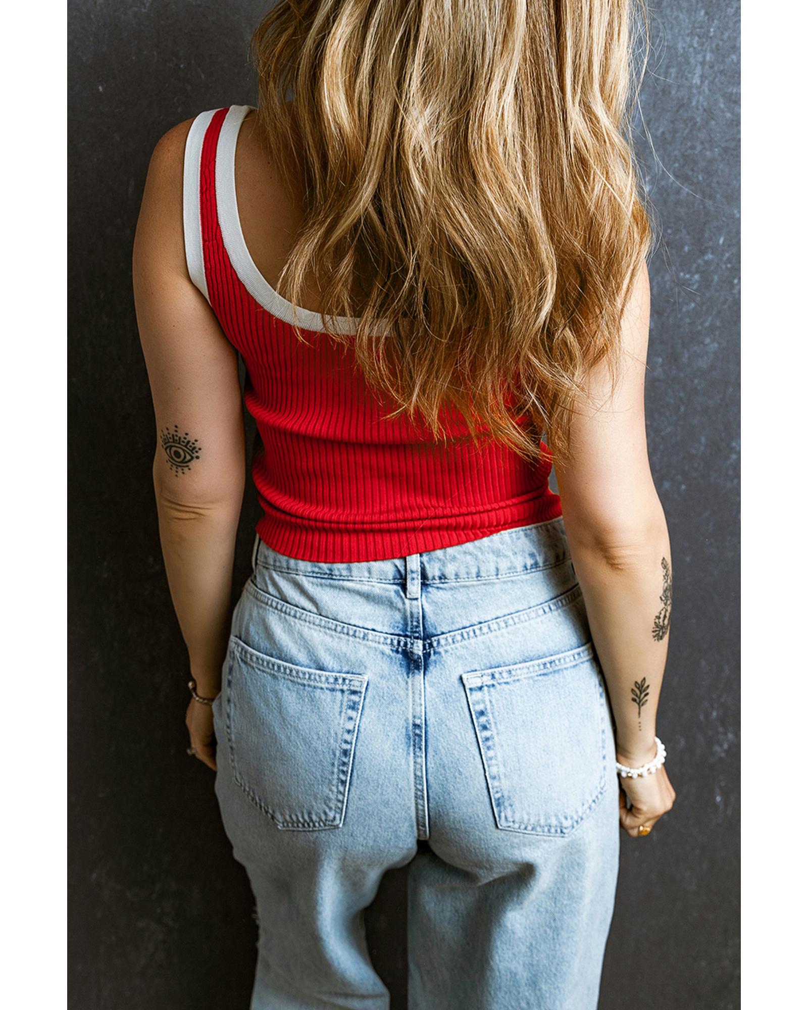 Fiery Red Colorblock Edge Ribbed Knit U Neck Tank Top - XL