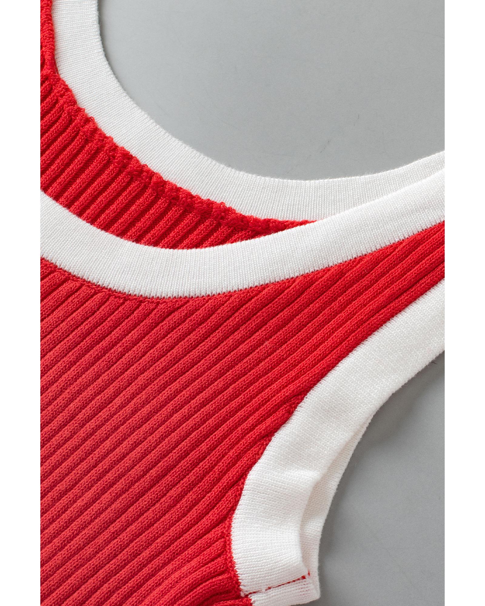 Fiery Red Colorblock Edge Ribbed Knit U Neck Tank Top - XL