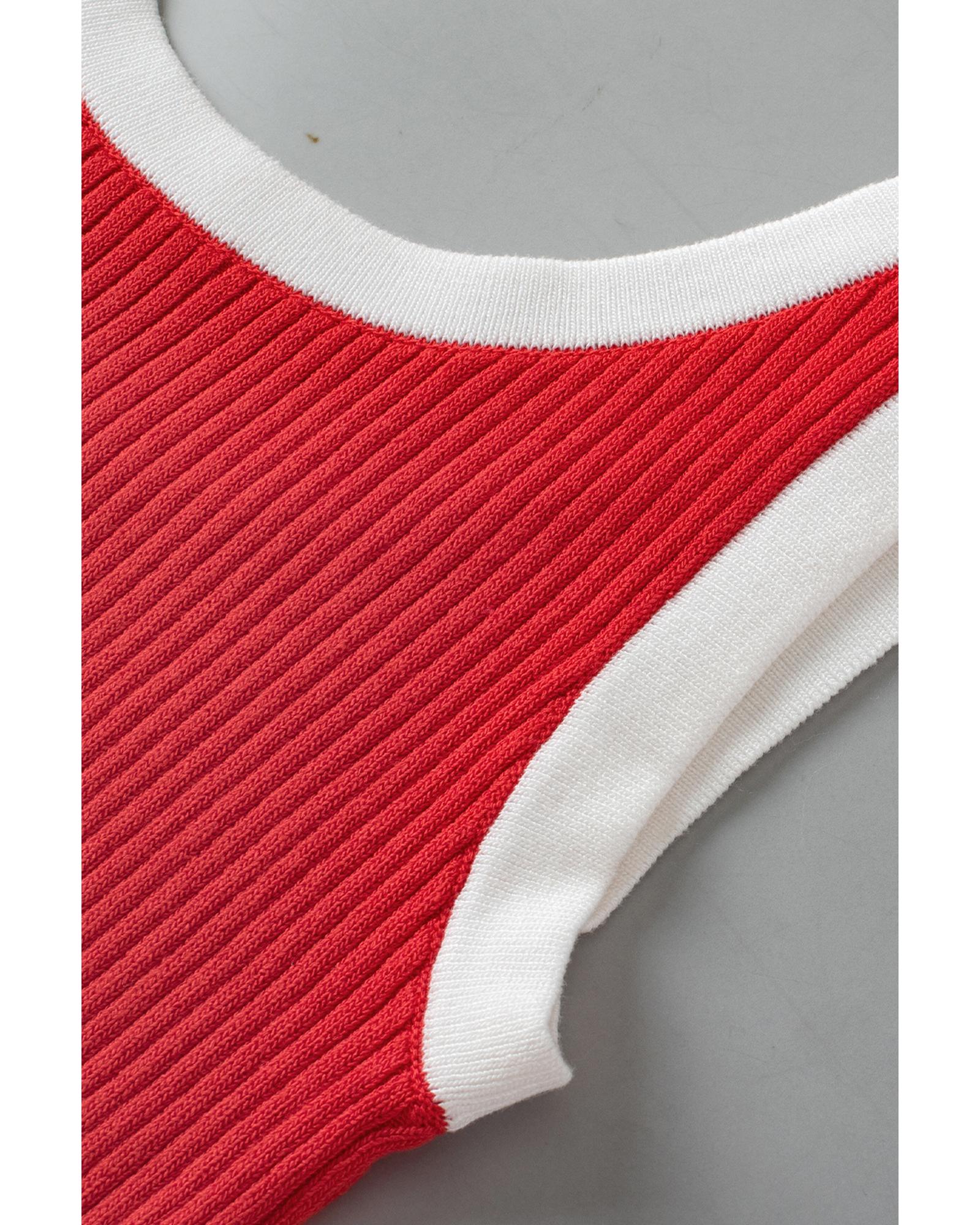 Fiery Red Colorblock Edge Ribbed Knit U Neck Tank Top - XL