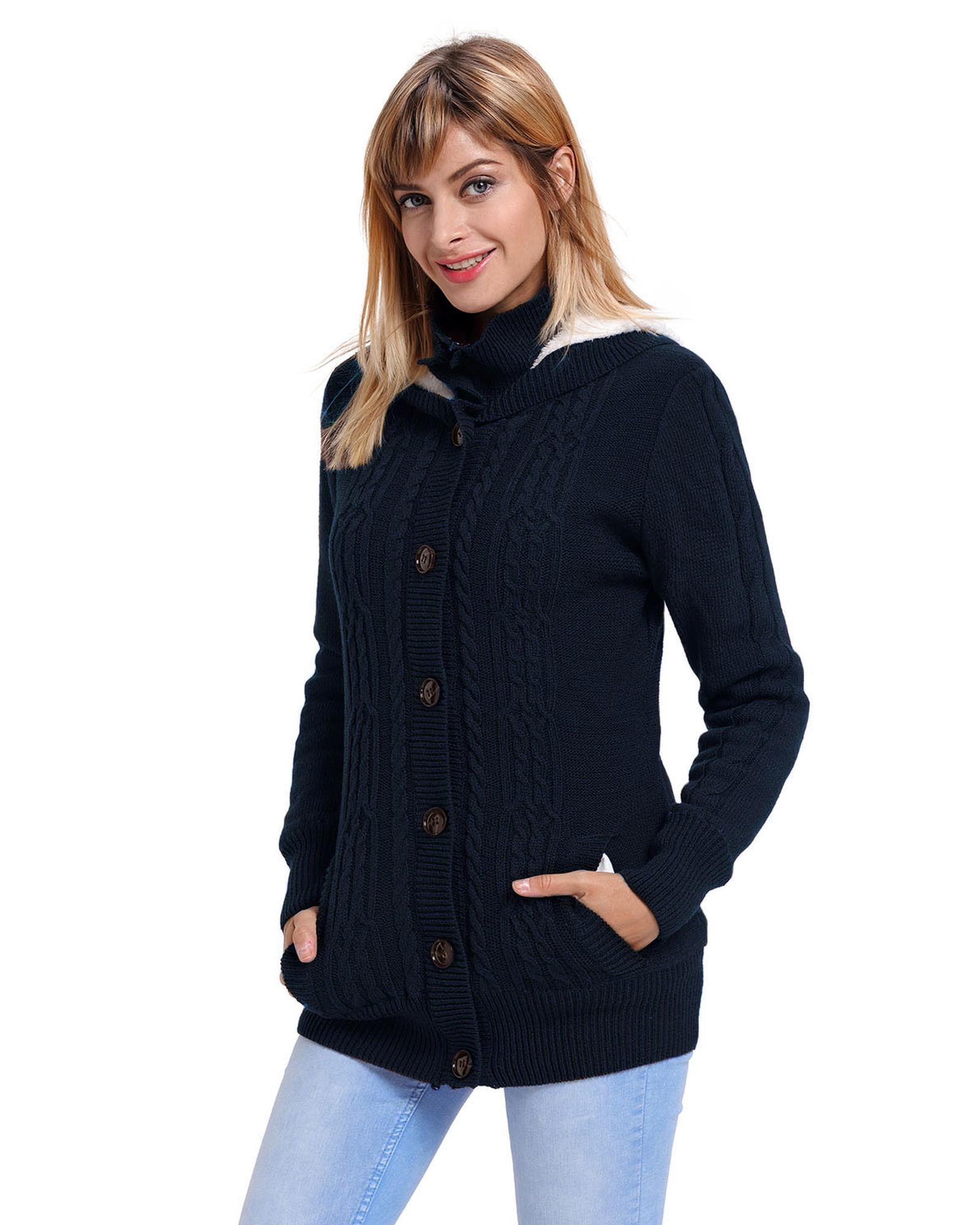 Navy Blue Long Sleeve Button-up Hooded Cardigans - S