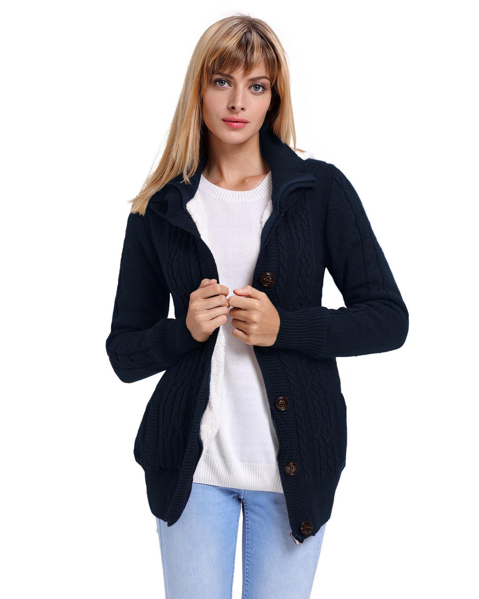 Navy Blue Long Sleeve Button-up Hooded Cardigans - S