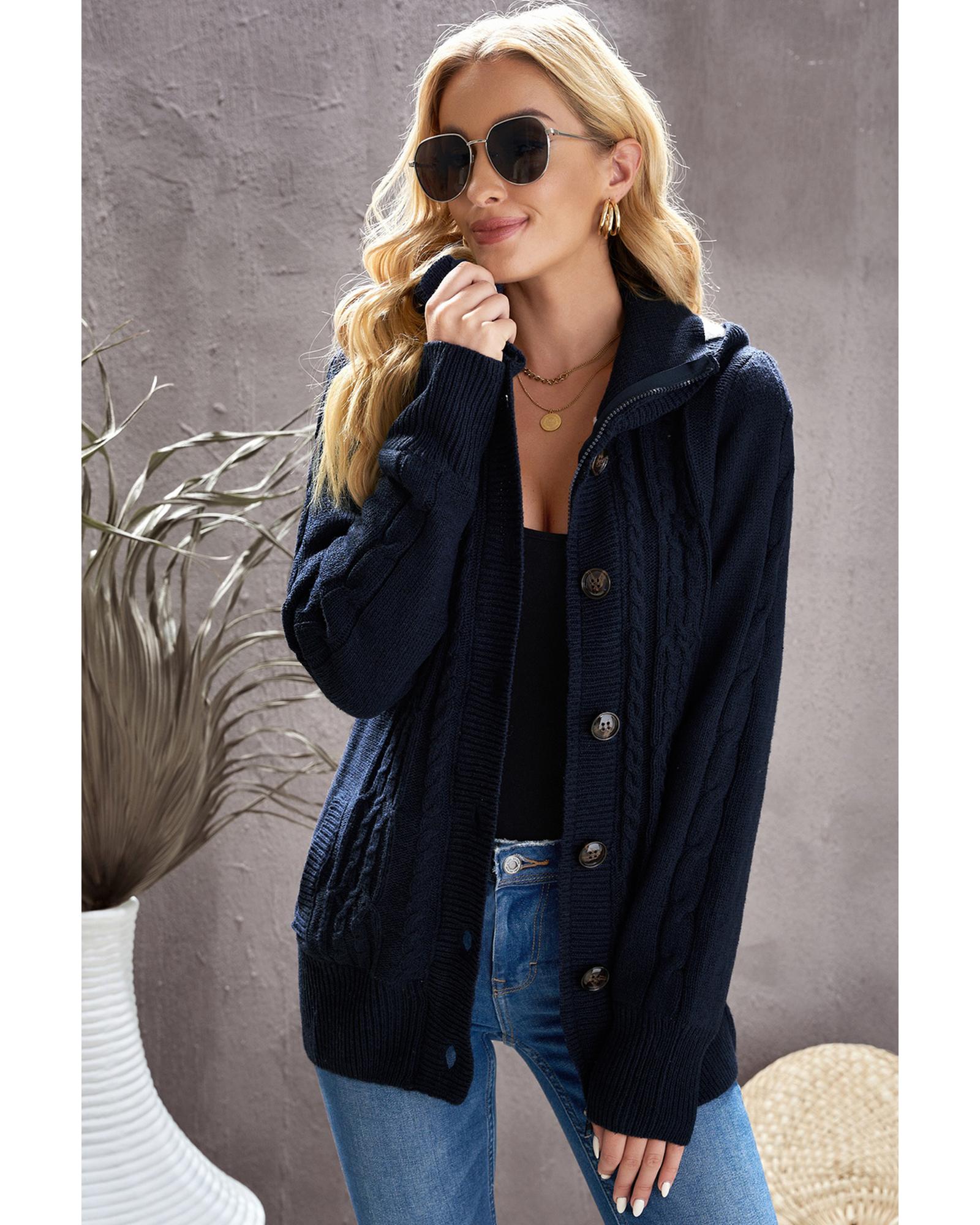 Navy Blue Long Sleeve Button-up Hooded Cardigans - 2XL