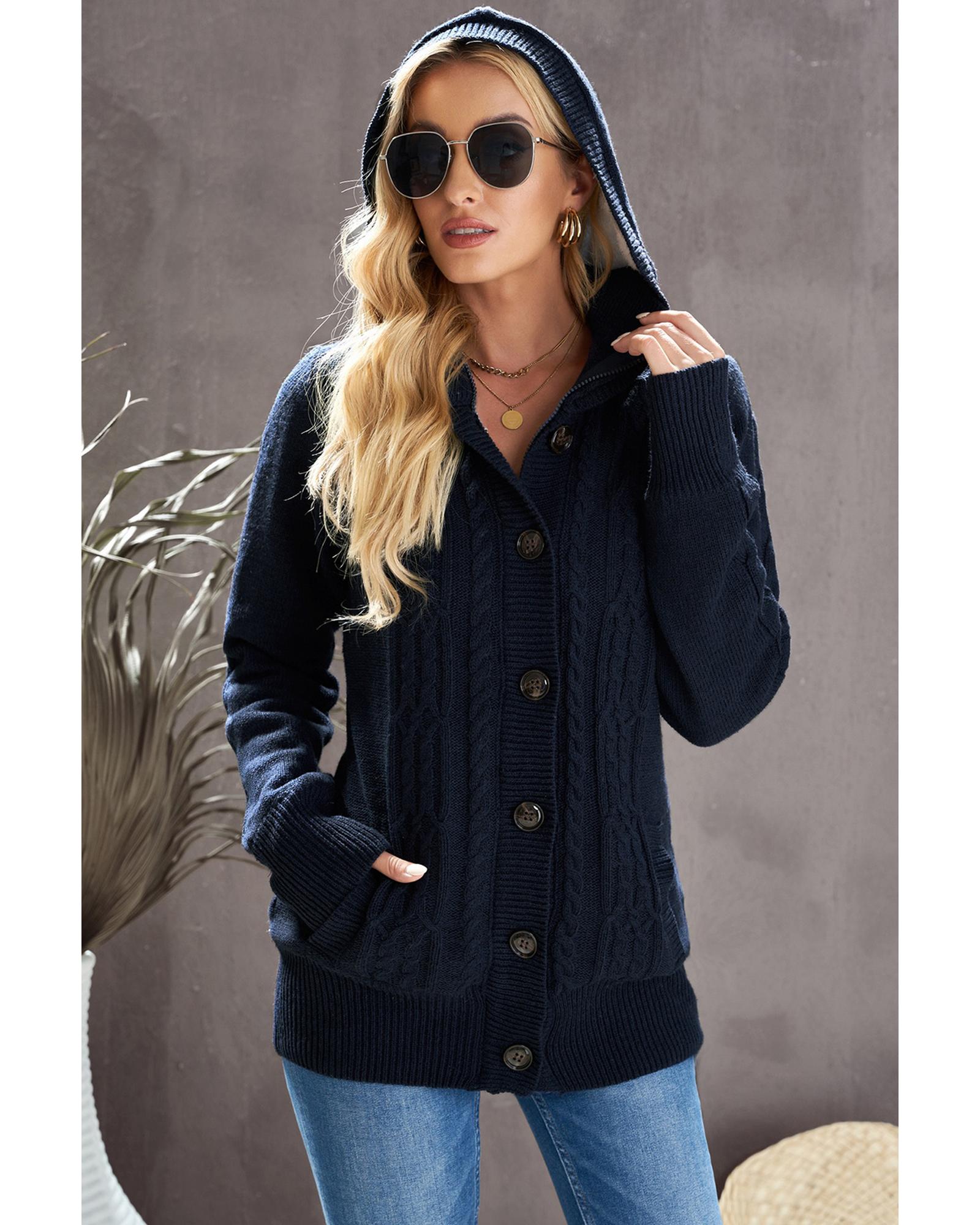 Navy Blue Long Sleeve Button-up Hooded Cardigans - 2XL