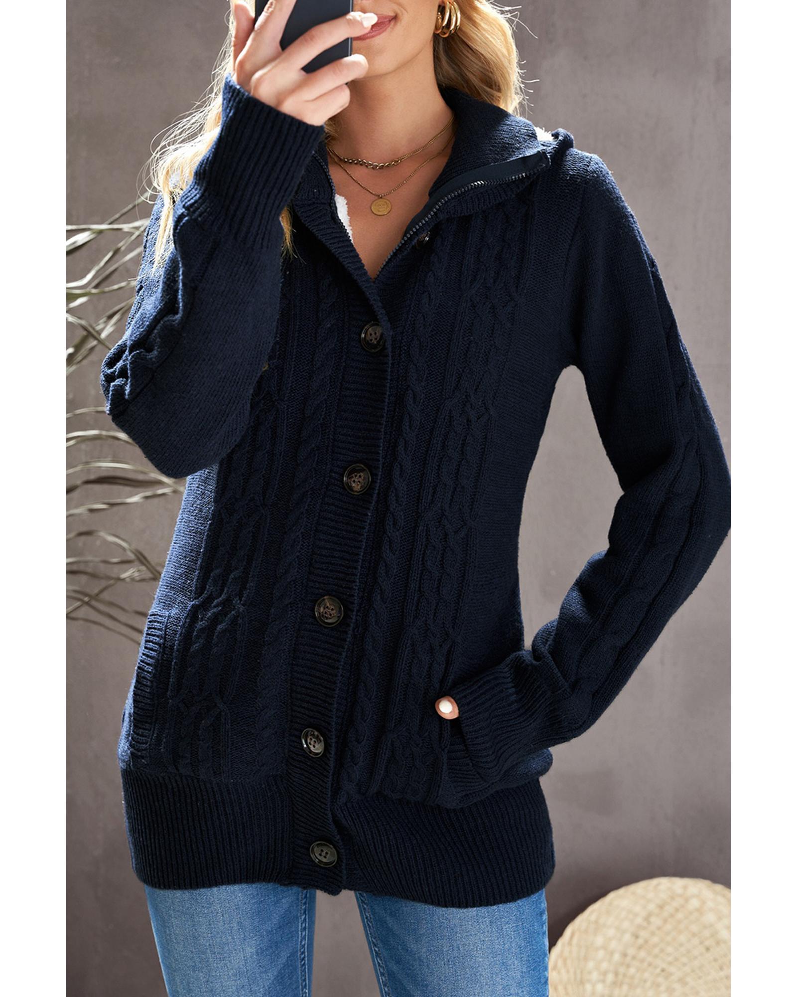 Navy Blue Long Sleeve Button-up Hooded Cardigans - 2XL