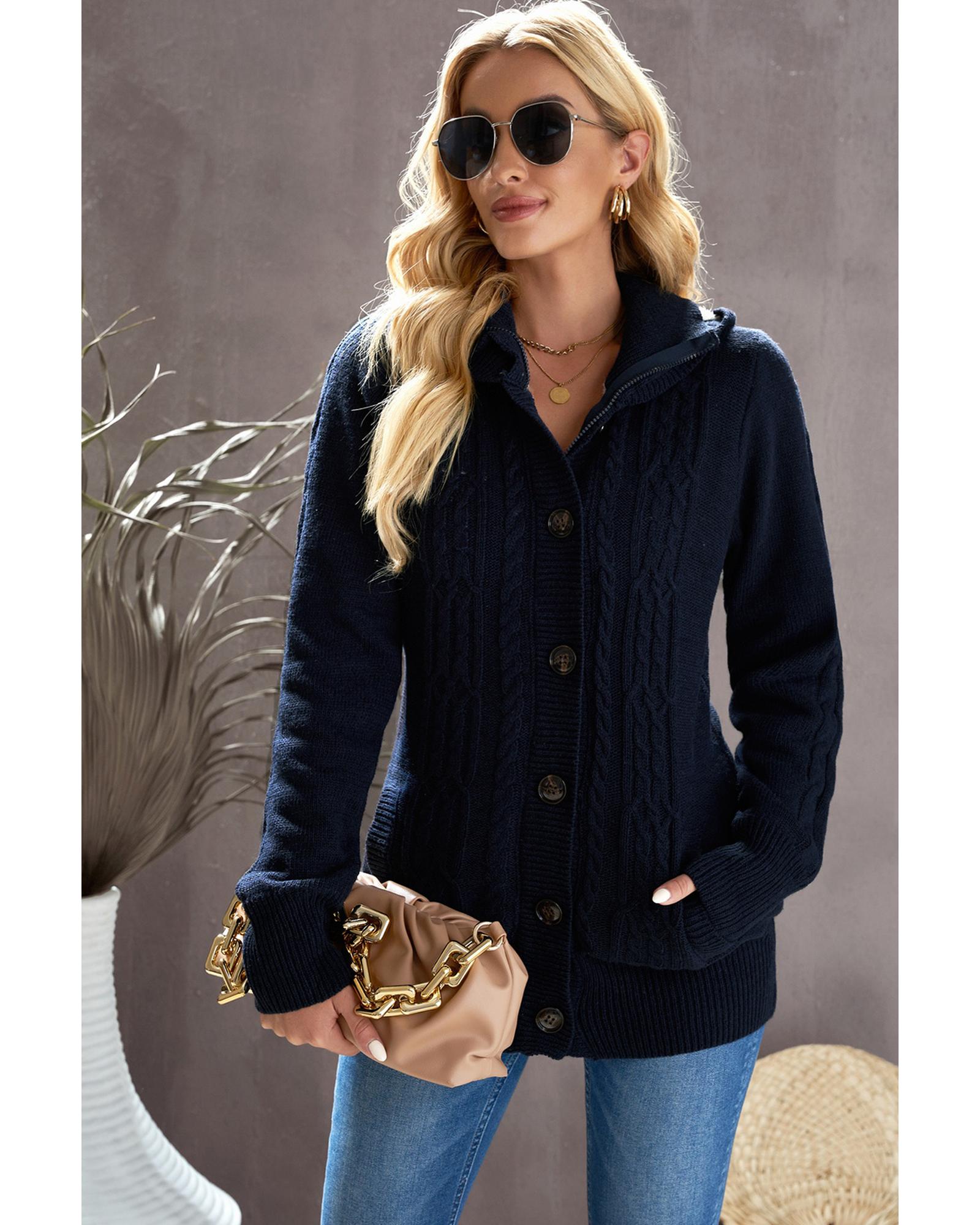 Navy Blue Long Sleeve Button-up Hooded Cardigans - 2XL