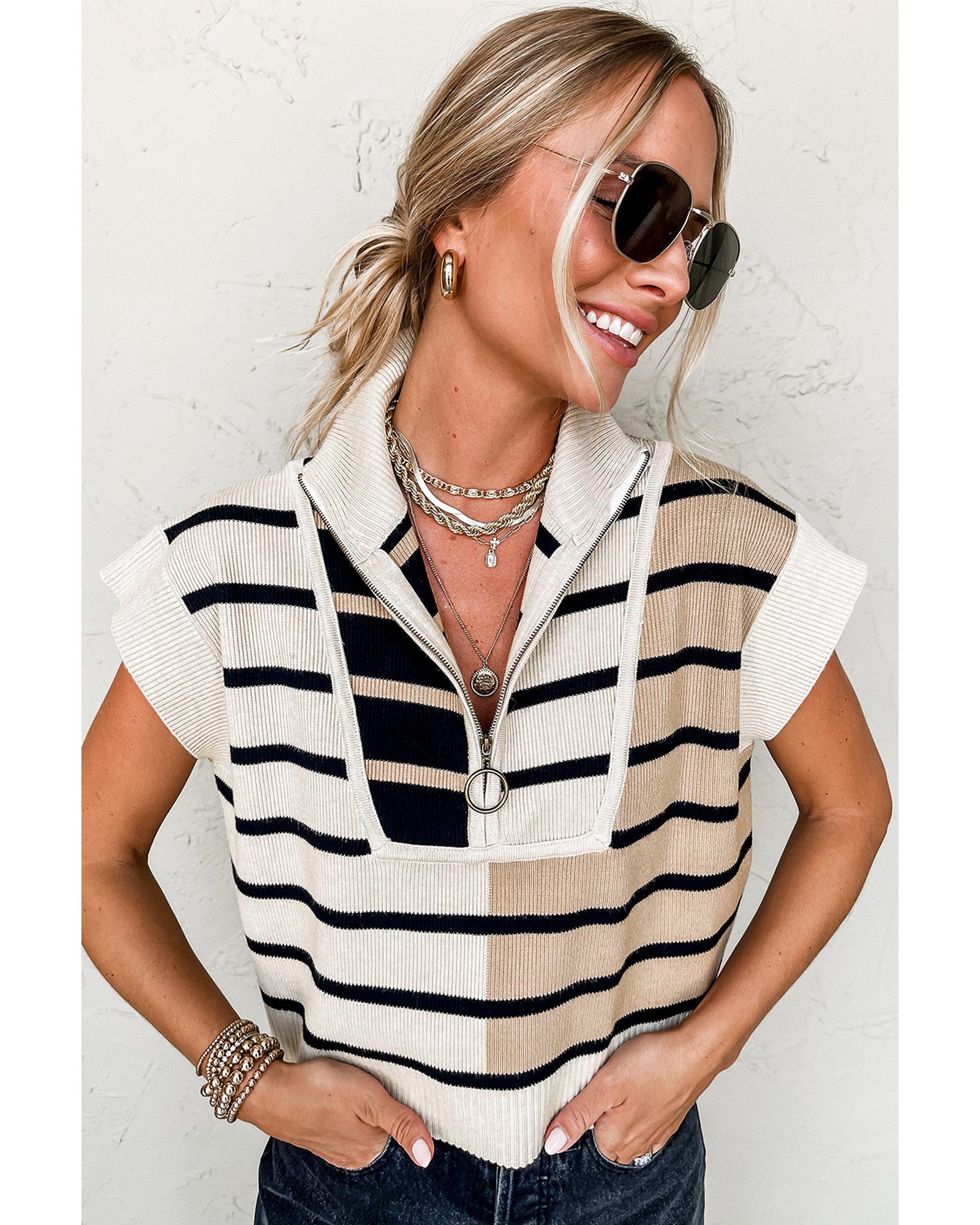 Black Stripe Colorblock Quarter Zip Collar Sweater Vest - S