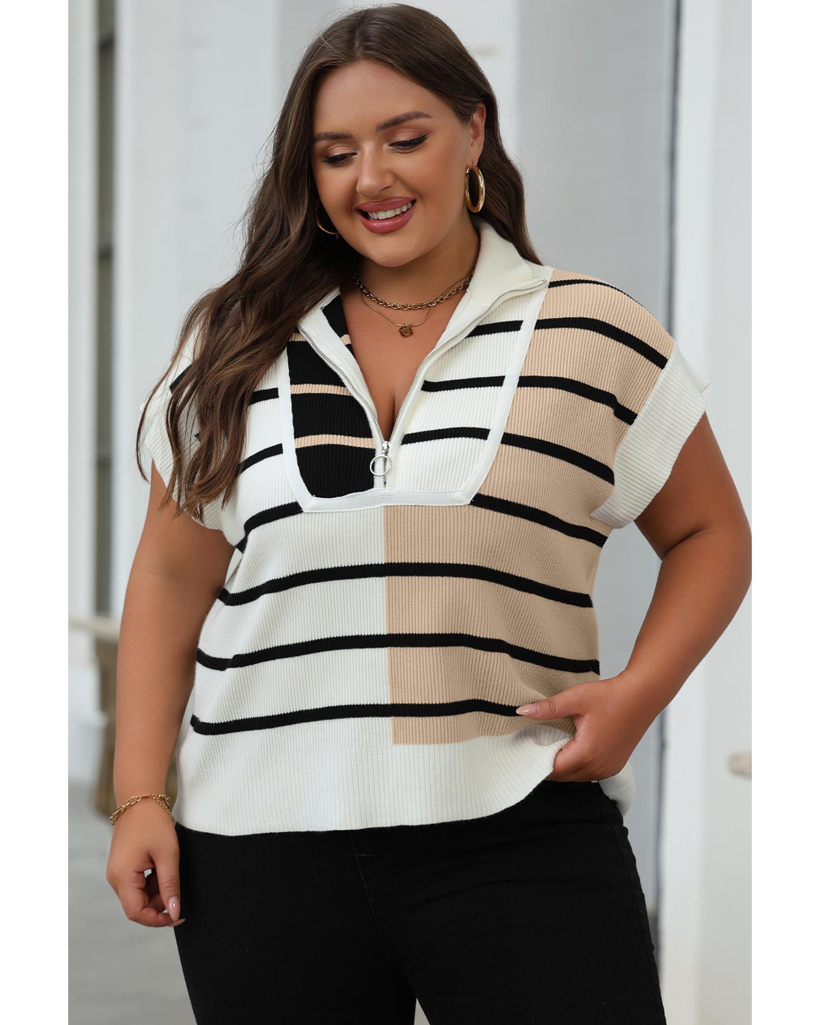 Black Stripe Colorblock Quarter Zip Collar Sweater Vest - S
