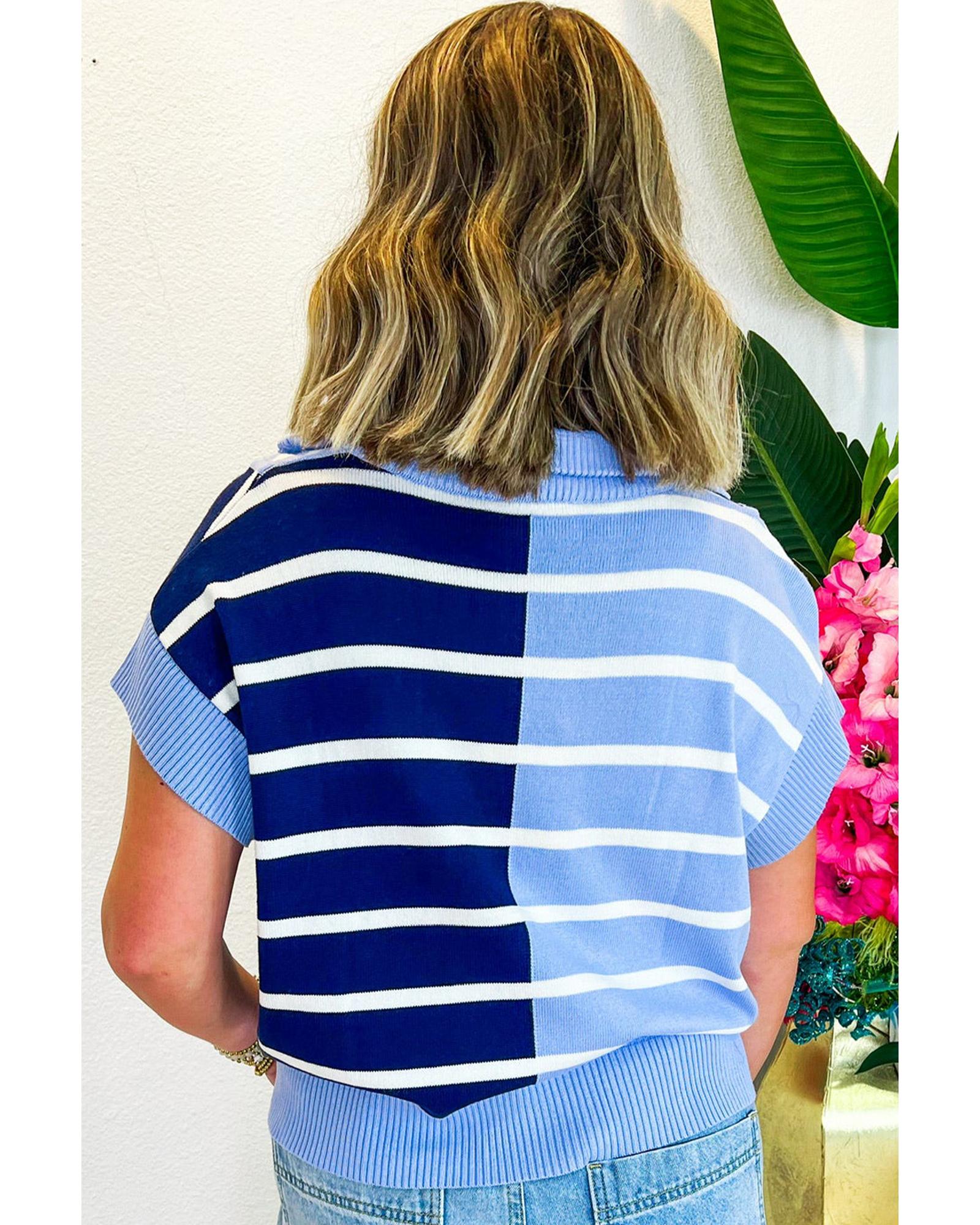 Sky Blue Stripe Colorblock Quarter Zip Collar Sweater Vest - 2XL
