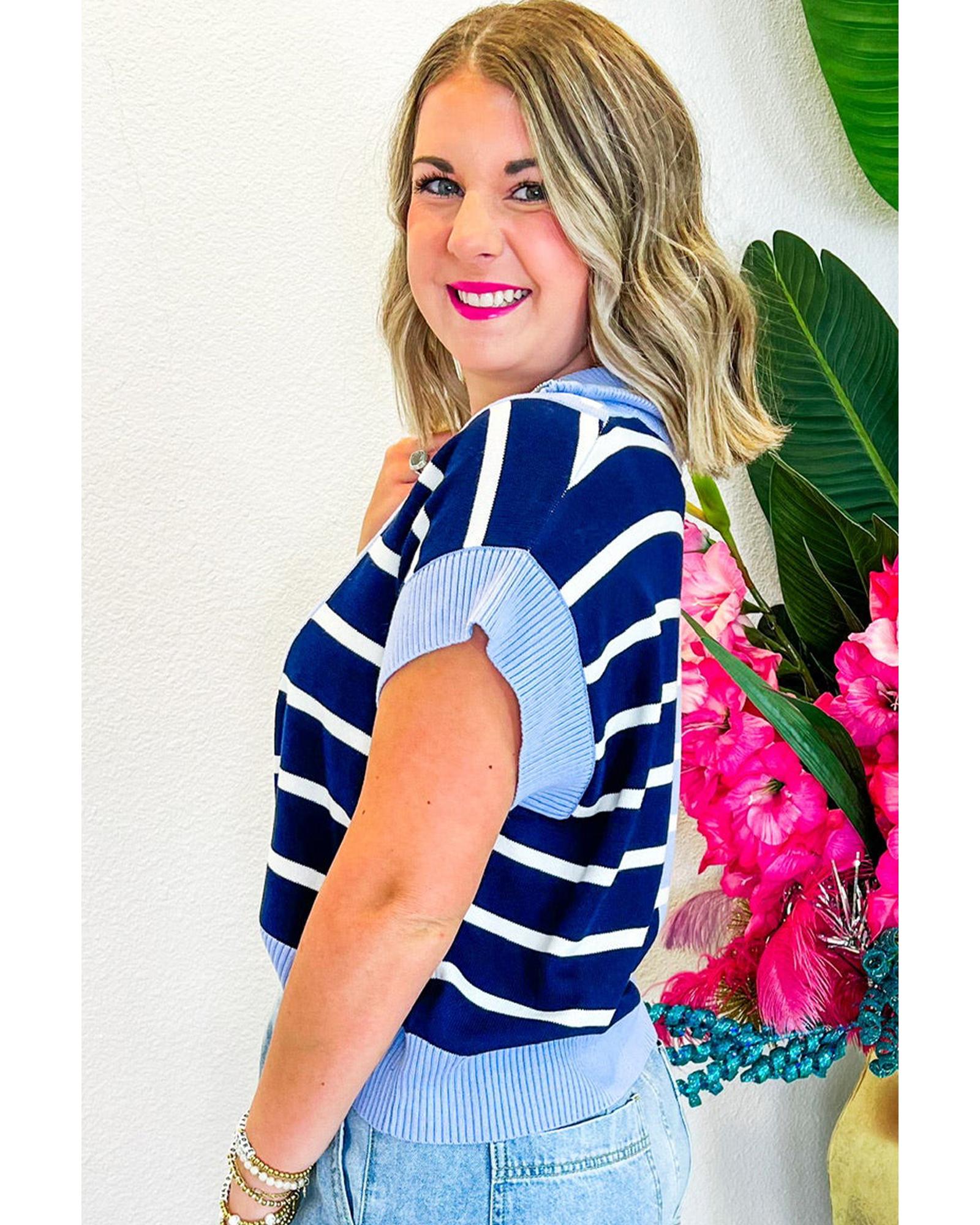 Sky Blue Stripe Colorblock Quarter Zip Collar Sweater Vest - 2XL