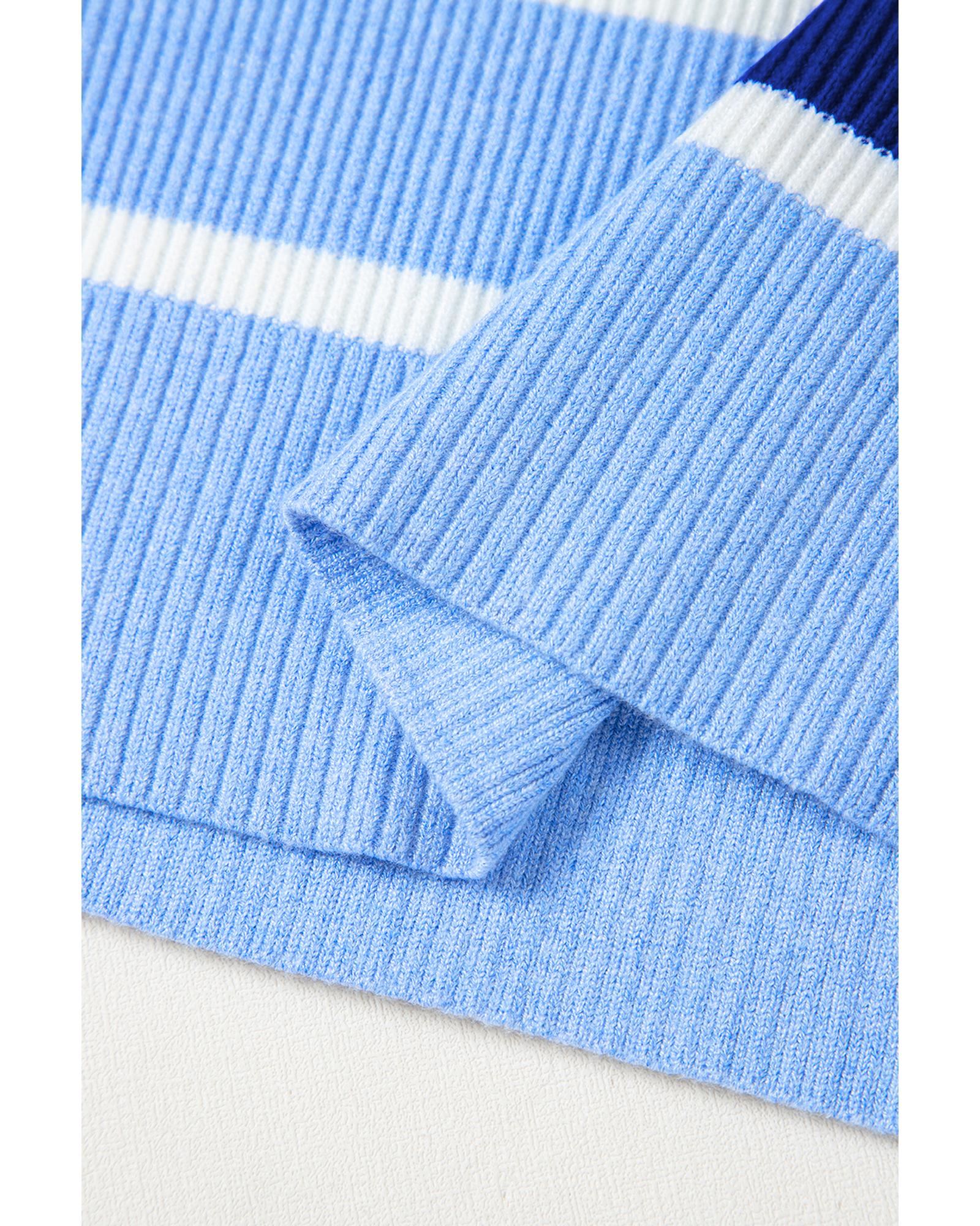 Sky Blue Stripe Colorblock Quarter Zip Collar Sweater Vest - 2XL