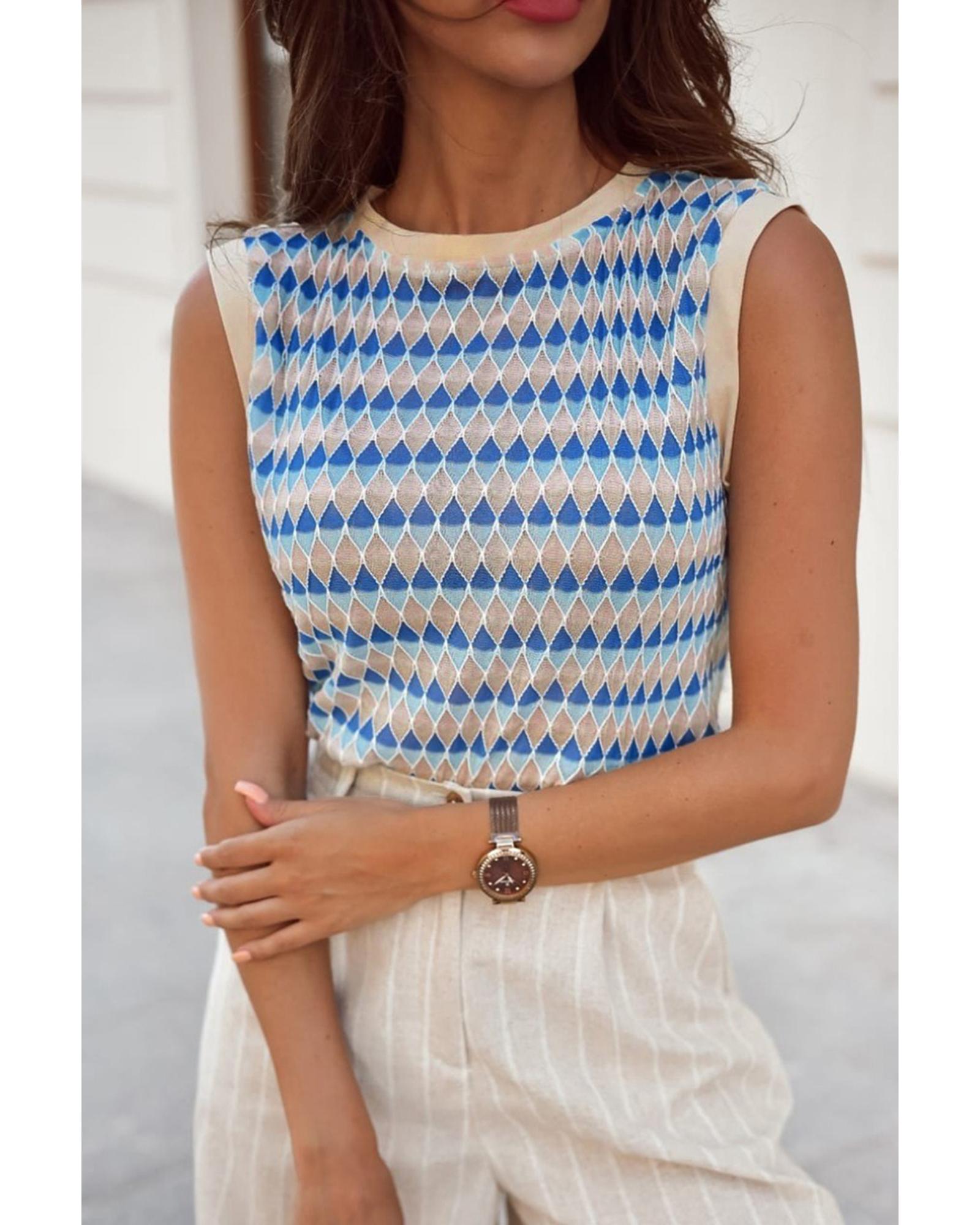 Sky Blue Stripe Geometric Print Round Neck Slim Fit Sweater Vest - L
