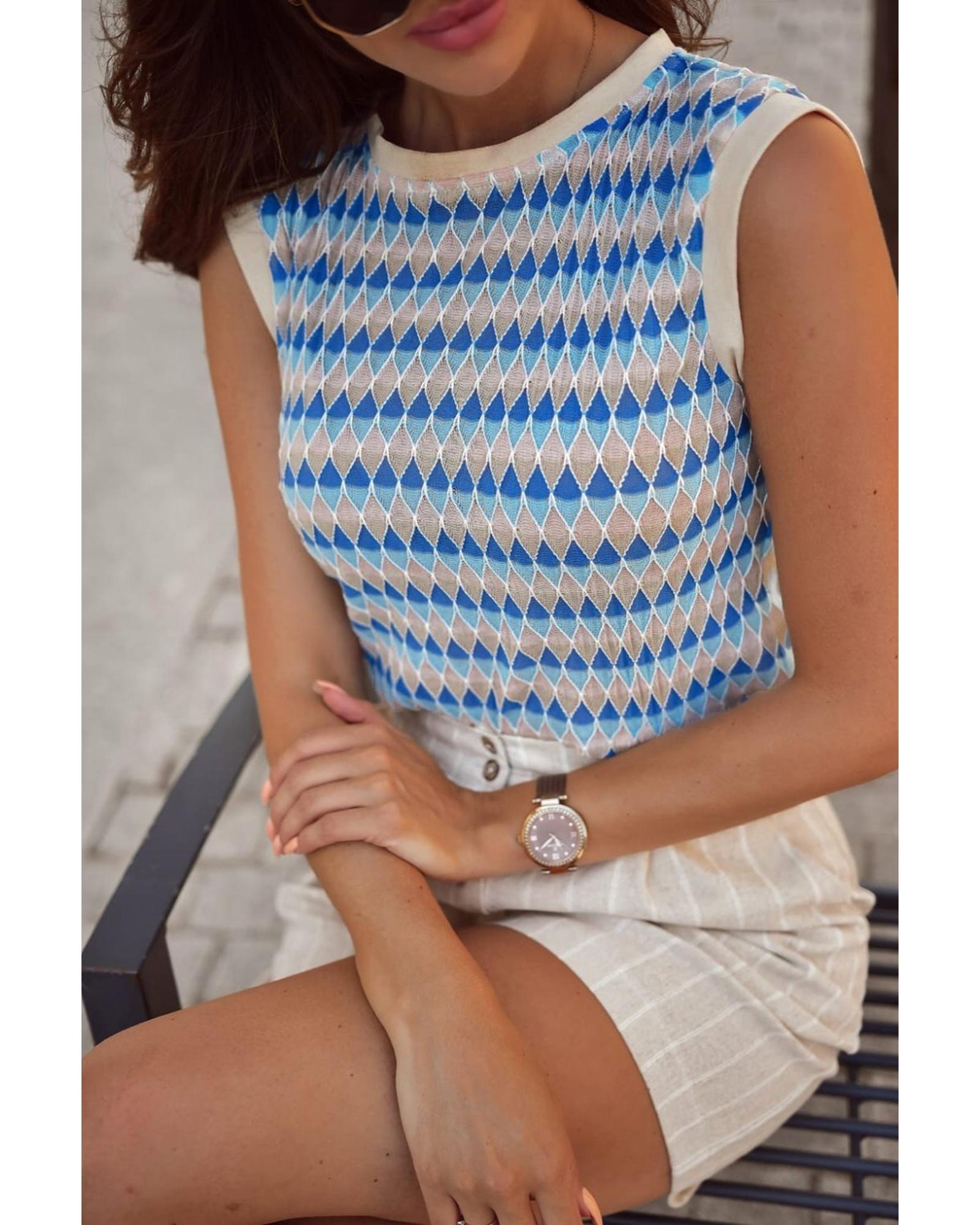 Sky Blue Stripe Geometric Print Round Neck Slim Fit Sweater Vest - L