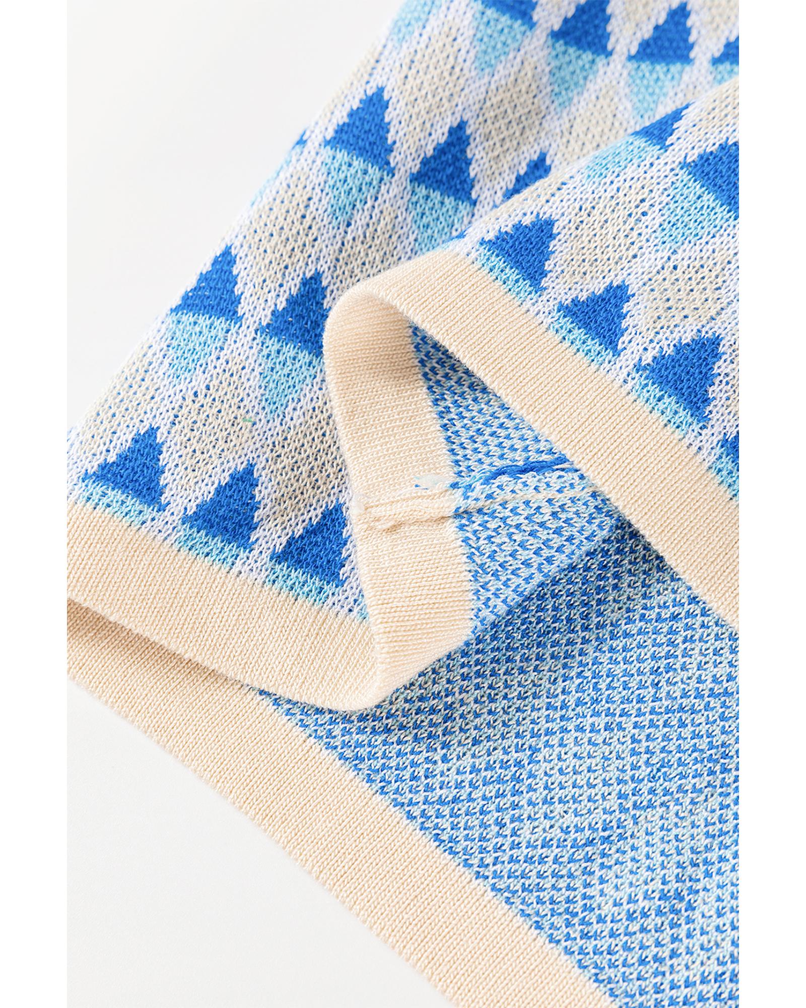 Sky Blue Stripe Geometric Print Round Neck Slim Fit Sweater Vest - L