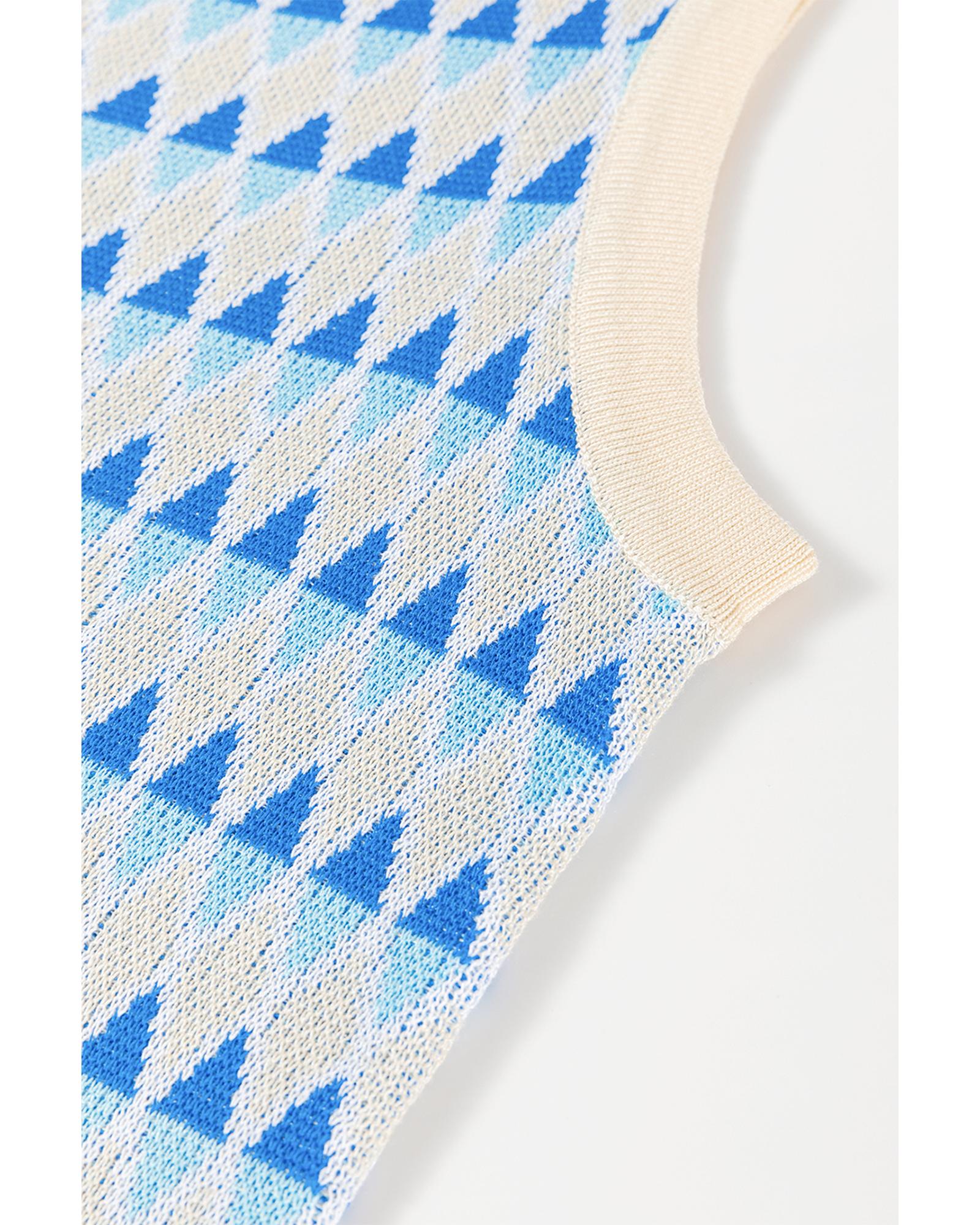 Sky Blue Stripe Geometric Print Round Neck Slim Fit Sweater Vest - S