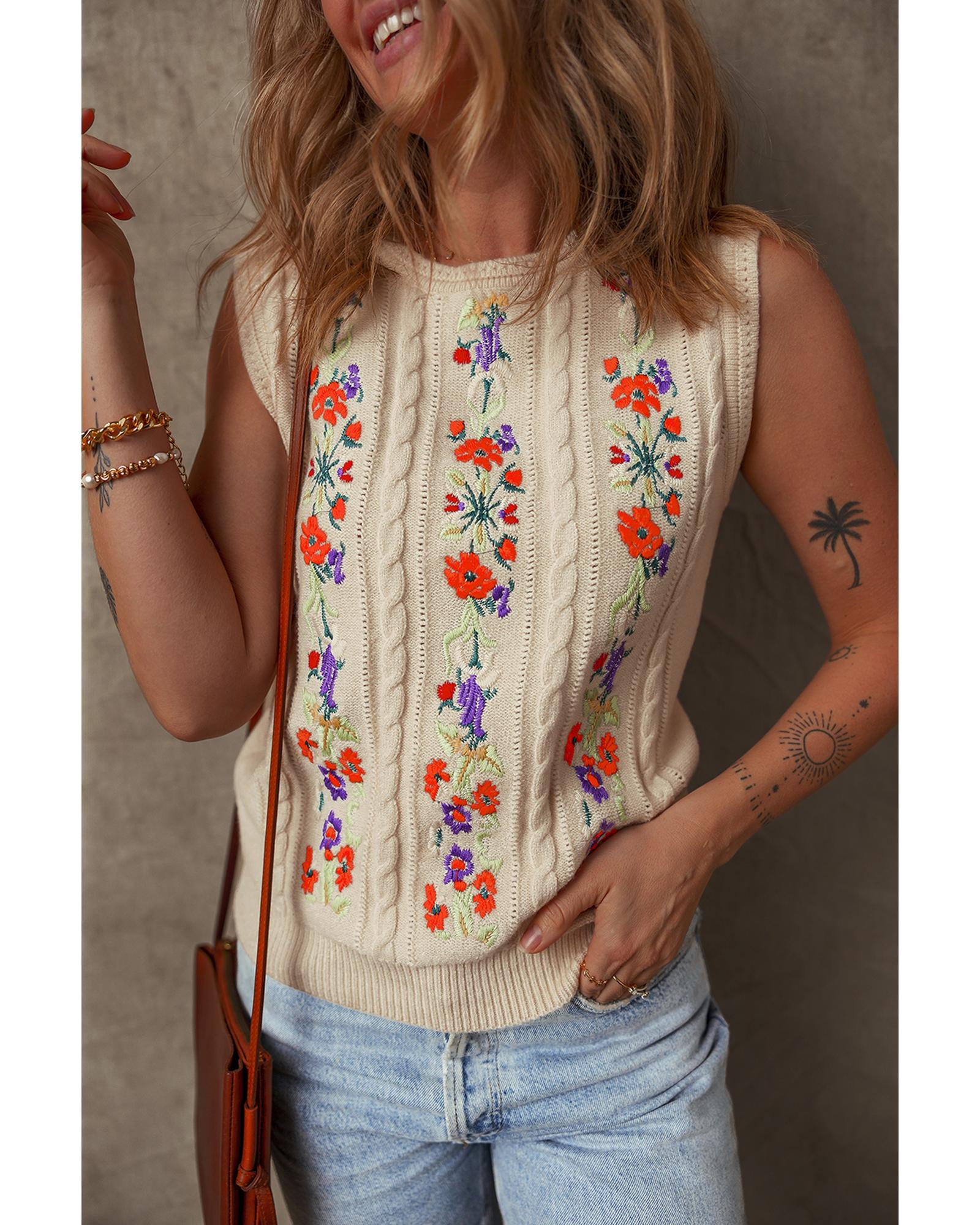 Jet Stream Embroidered Floral Cable Knit Sweater Vest - L