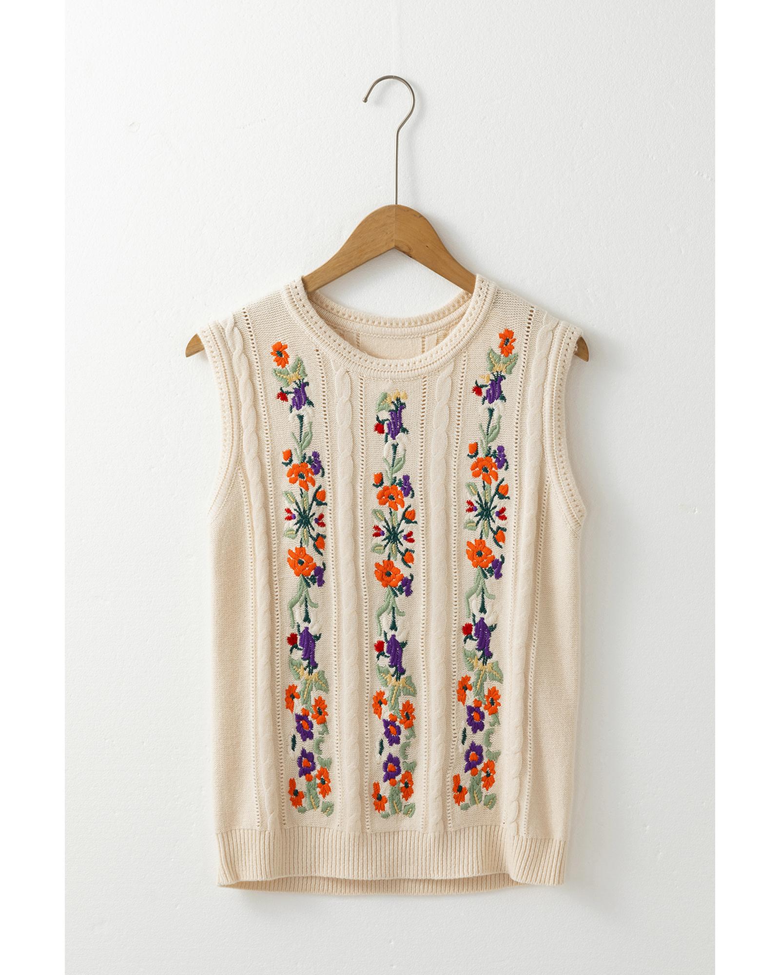 Jet Stream Embroidered Floral Cable Knit Sweater Vest - L
