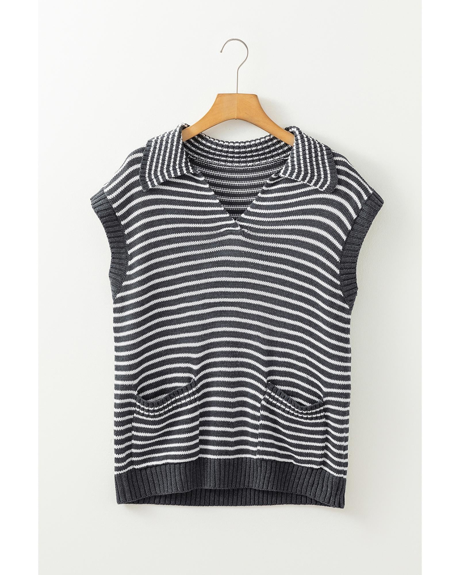 Gray Stripe Collared V Neck Sweater Vest with Pockets - S