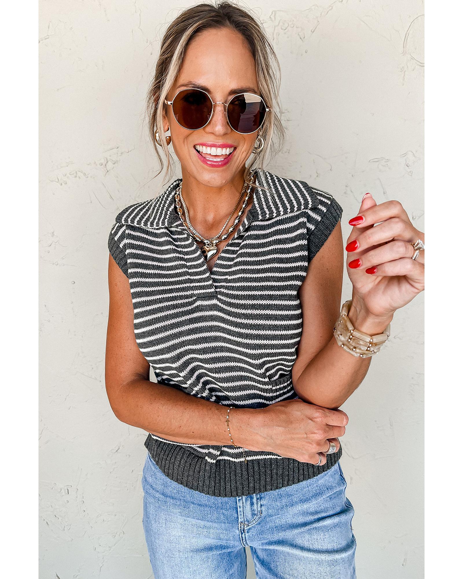 Gray Stripe Collared V Neck Sweater Vest with Pockets - XL