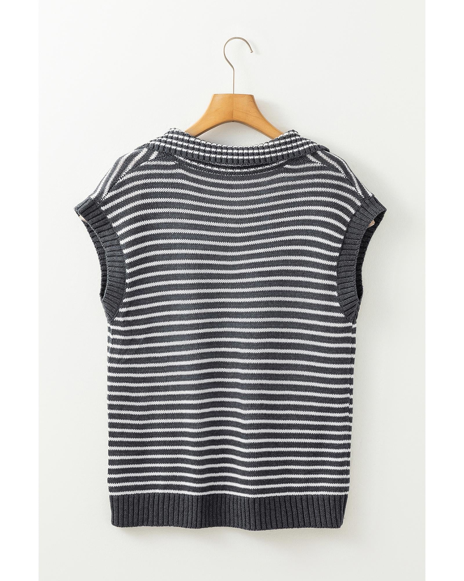 Gray Stripe Collared V Neck Sweater Vest with Pockets - XL