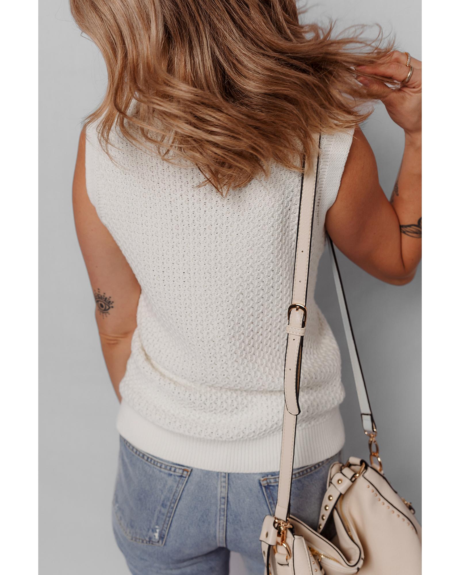 White Solid Color Eyelet Knit Crew Neck Sweater Vest - L