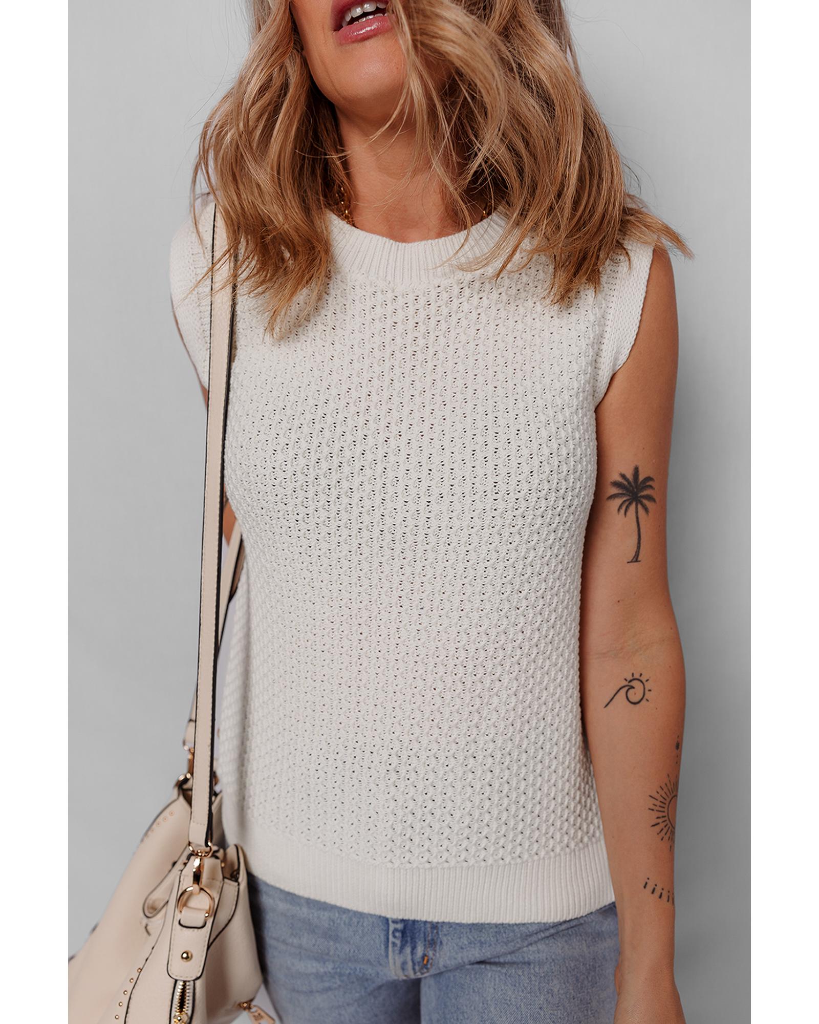 White Solid Color Eyelet Knit Crew Neck Sweater Vest - L