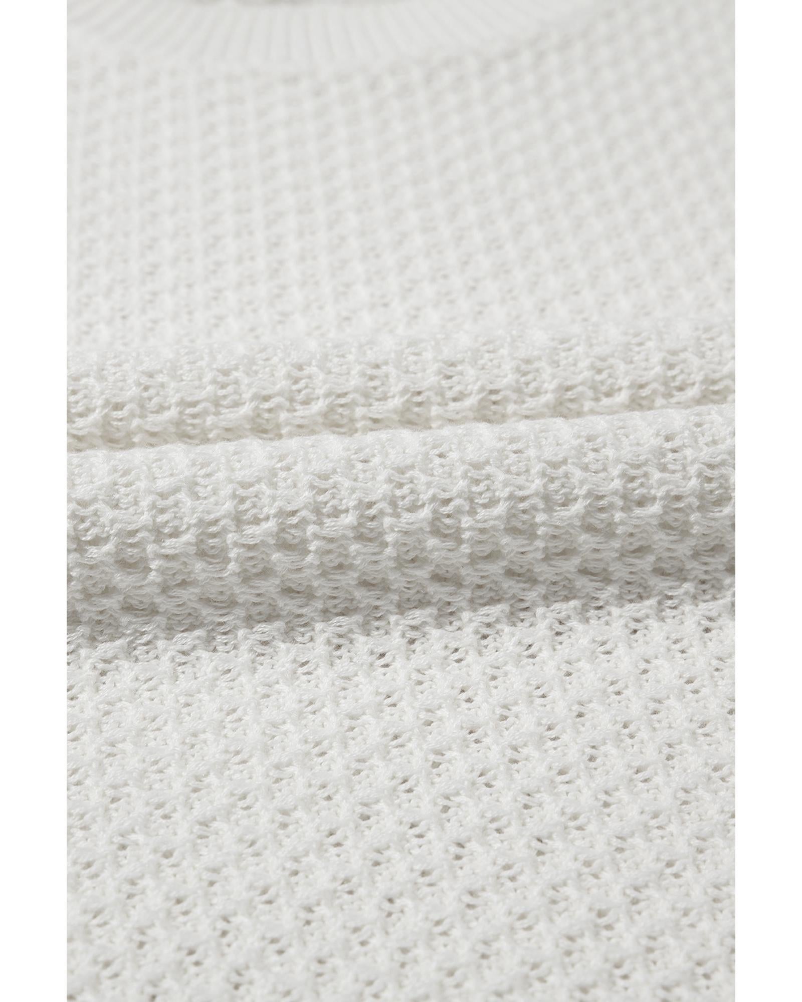 White Solid Color Eyelet Knit Crew Neck Sweater Vest - L