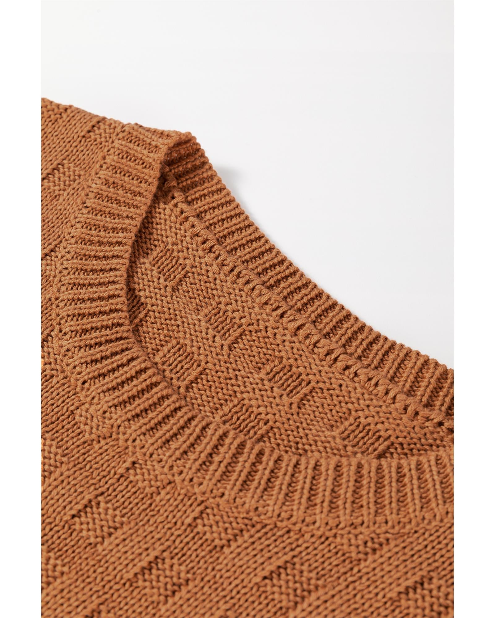 Camel Round Neck Textured Knit Sweater Vest - L