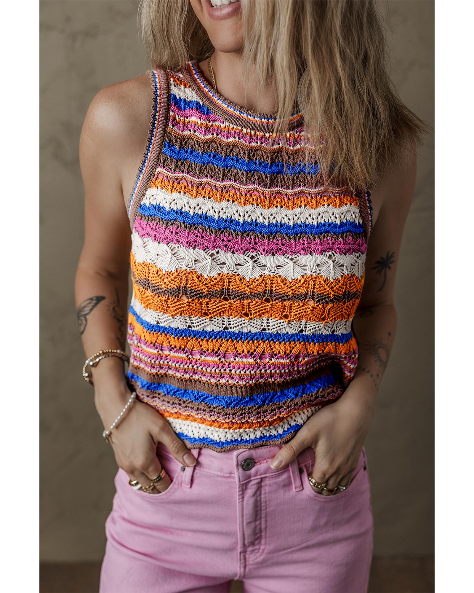 Dark Blue Striped Textured Knit Crew Neck Sweater Vest - L
