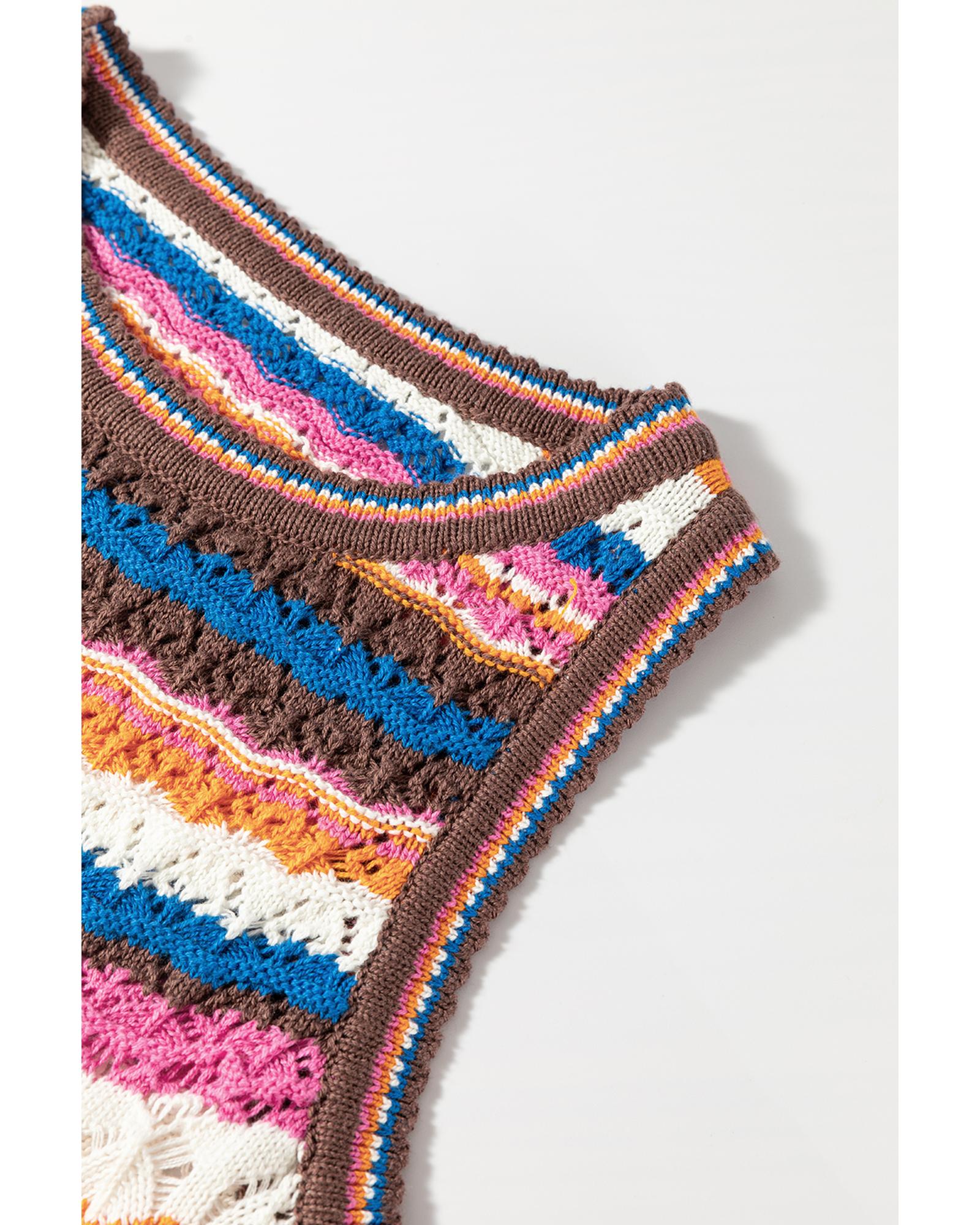 Dark Blue Striped Textured Knit Crew Neck Sweater Vest - L