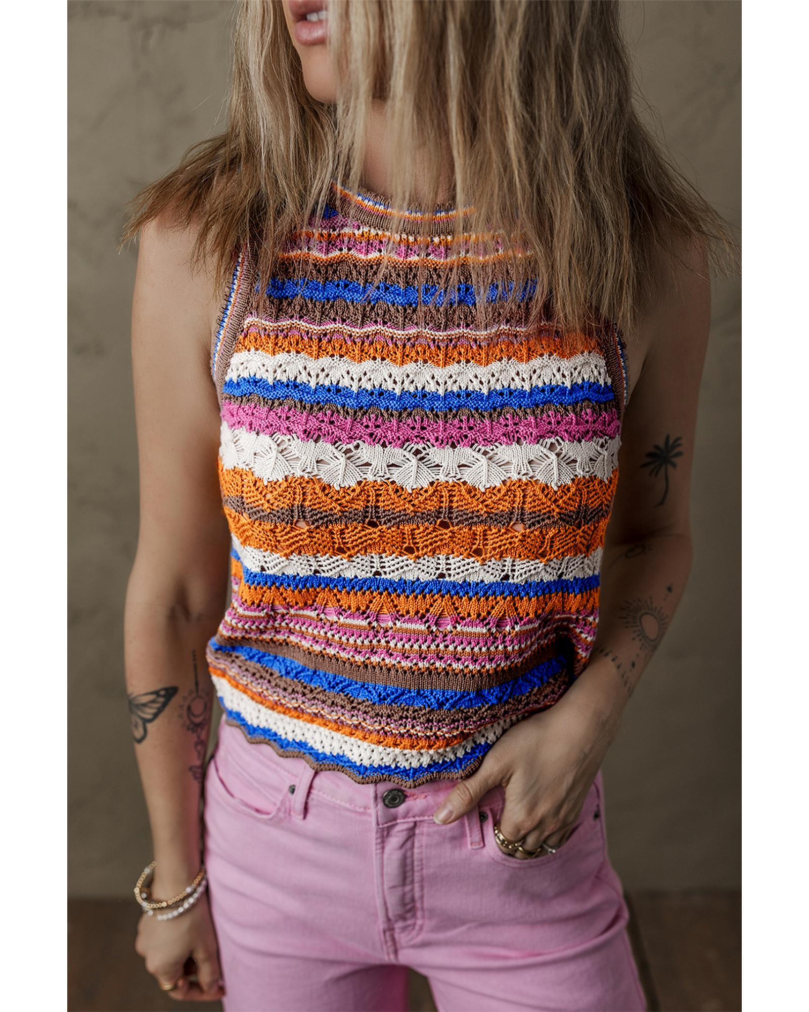 Dark Blue Striped Textured Knit Crew Neck Sweater Vest - S