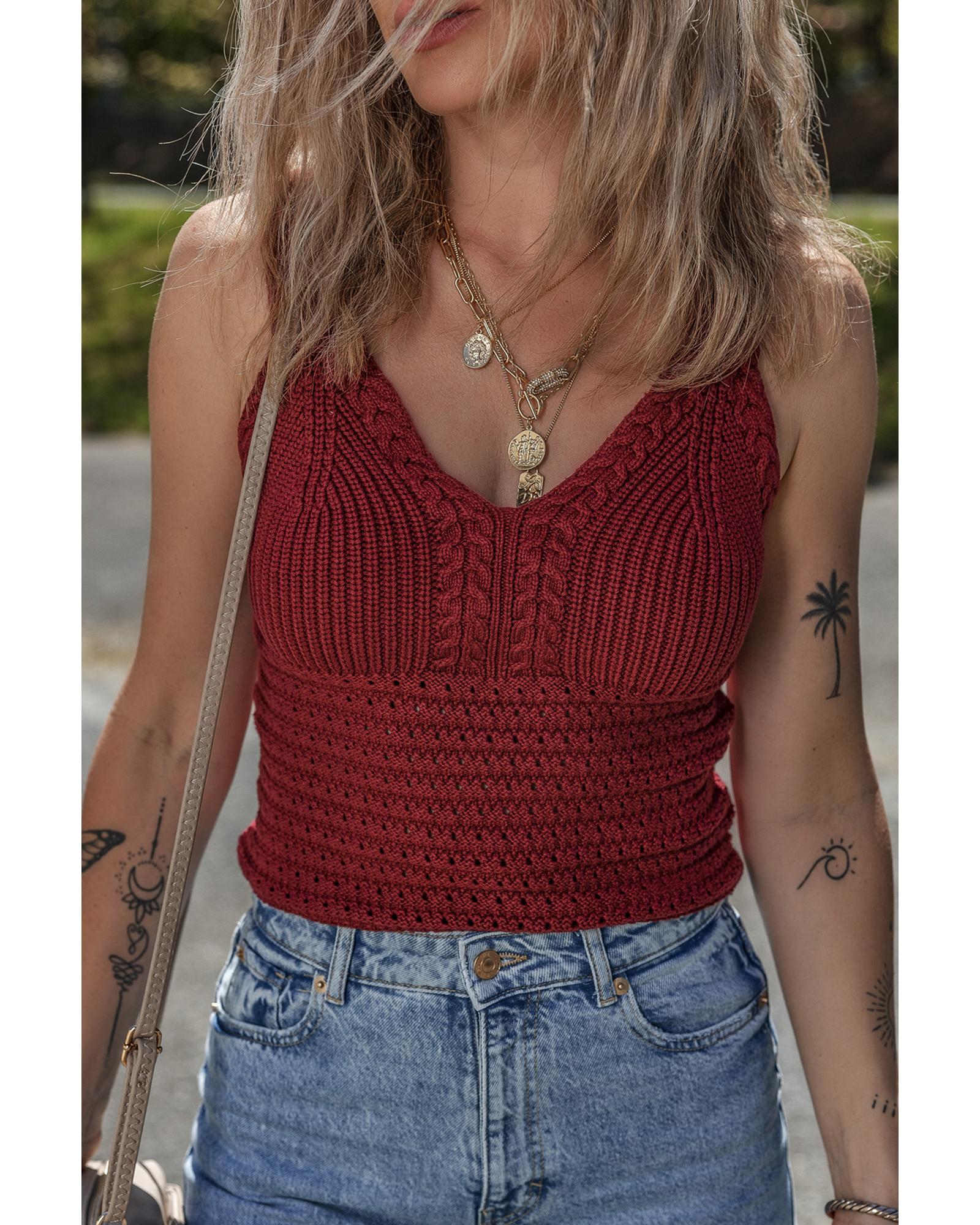 Burgundy Cable Knit Pointelle Slim Fit V Neck Sweater Vest - XL