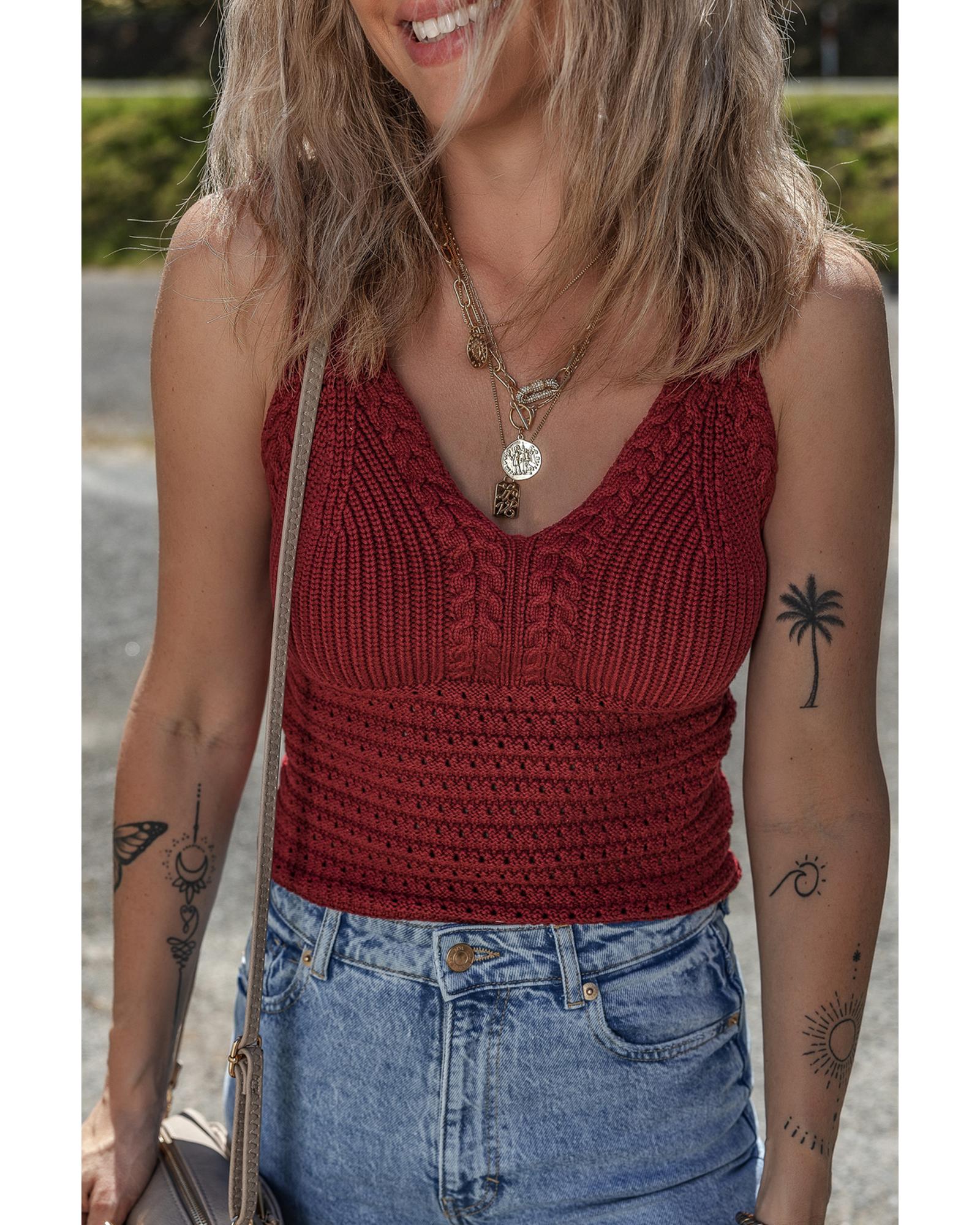 Burgundy Cable Knit Pointelle Slim Fit V Neck Sweater Vest - XL
