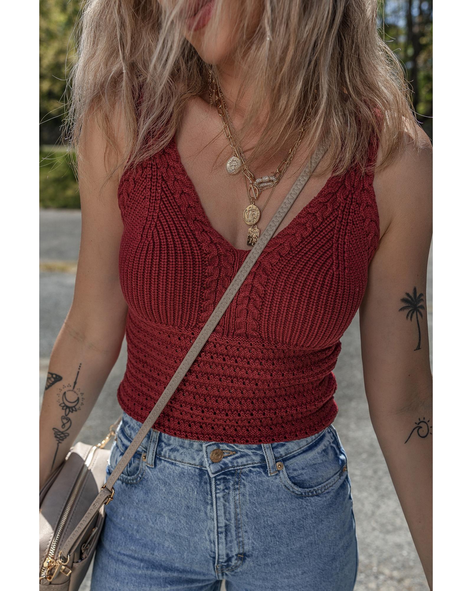 Burgundy Cable Knit Pointelle Slim Fit V Neck Sweater Vest - XL