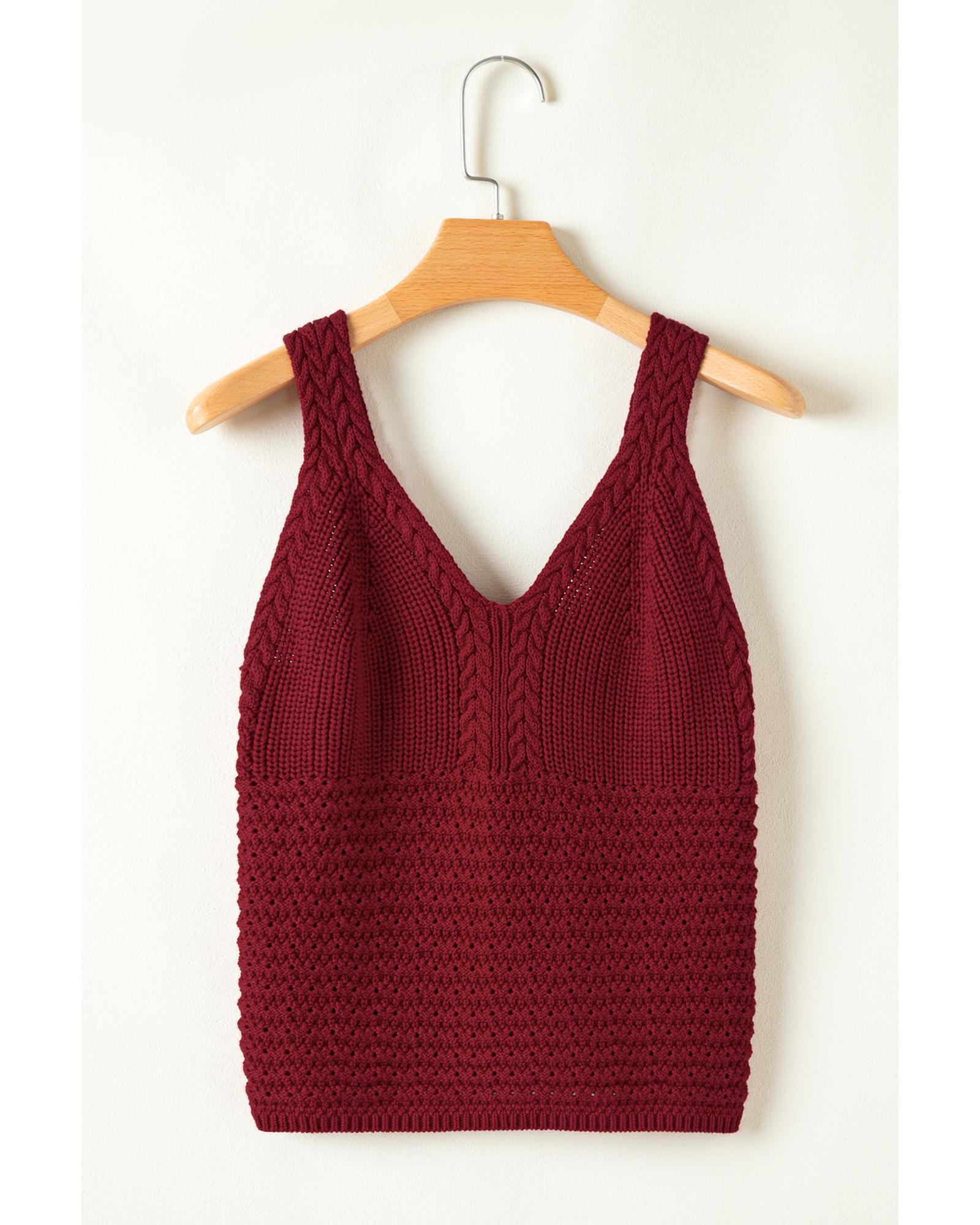 Burgundy Cable Knit Pointelle Slim Fit V Neck Sweater Vest - XL