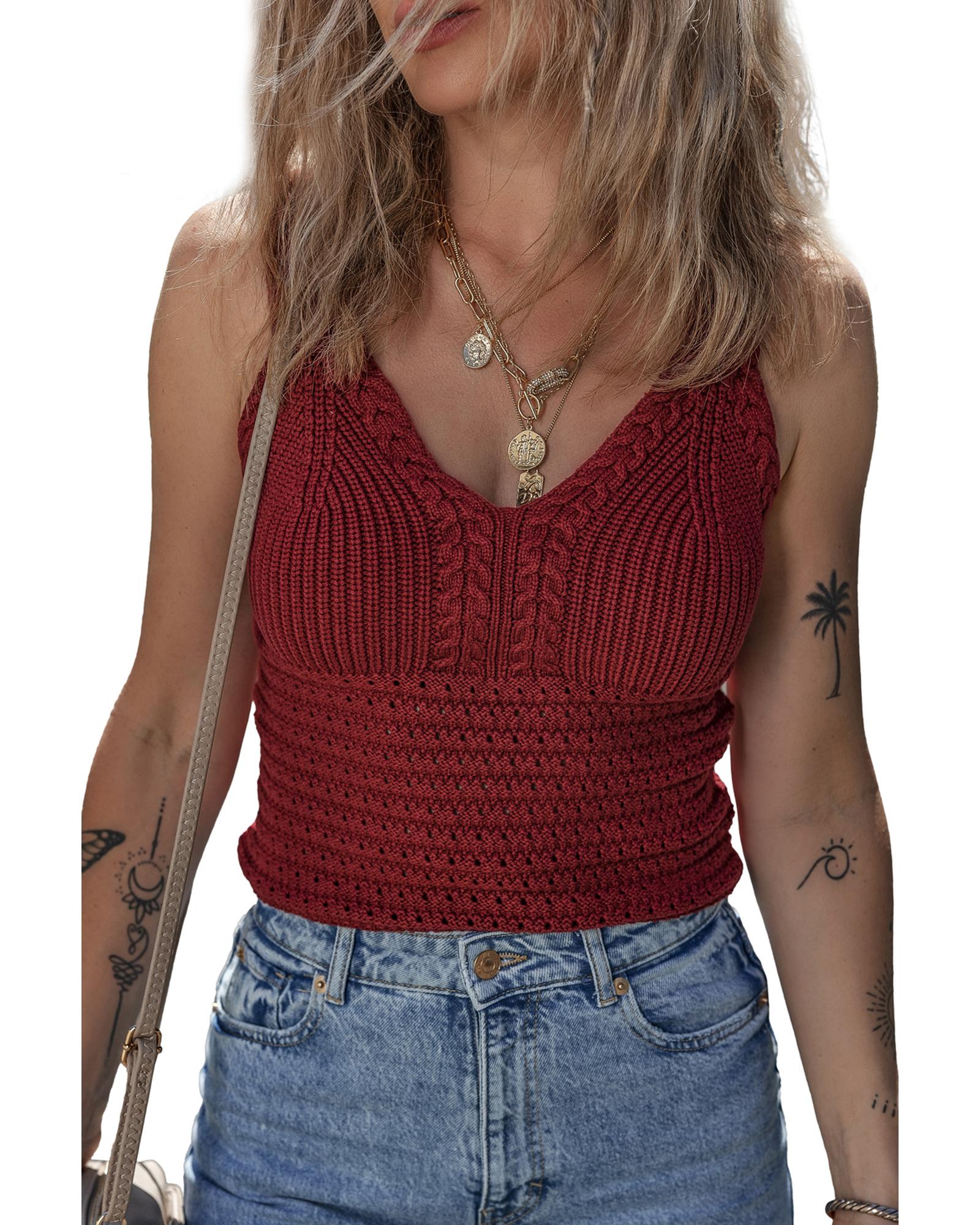 Burgundy Cable Knit Pointelle Slim Fit V Neck Sweater Vest - XL