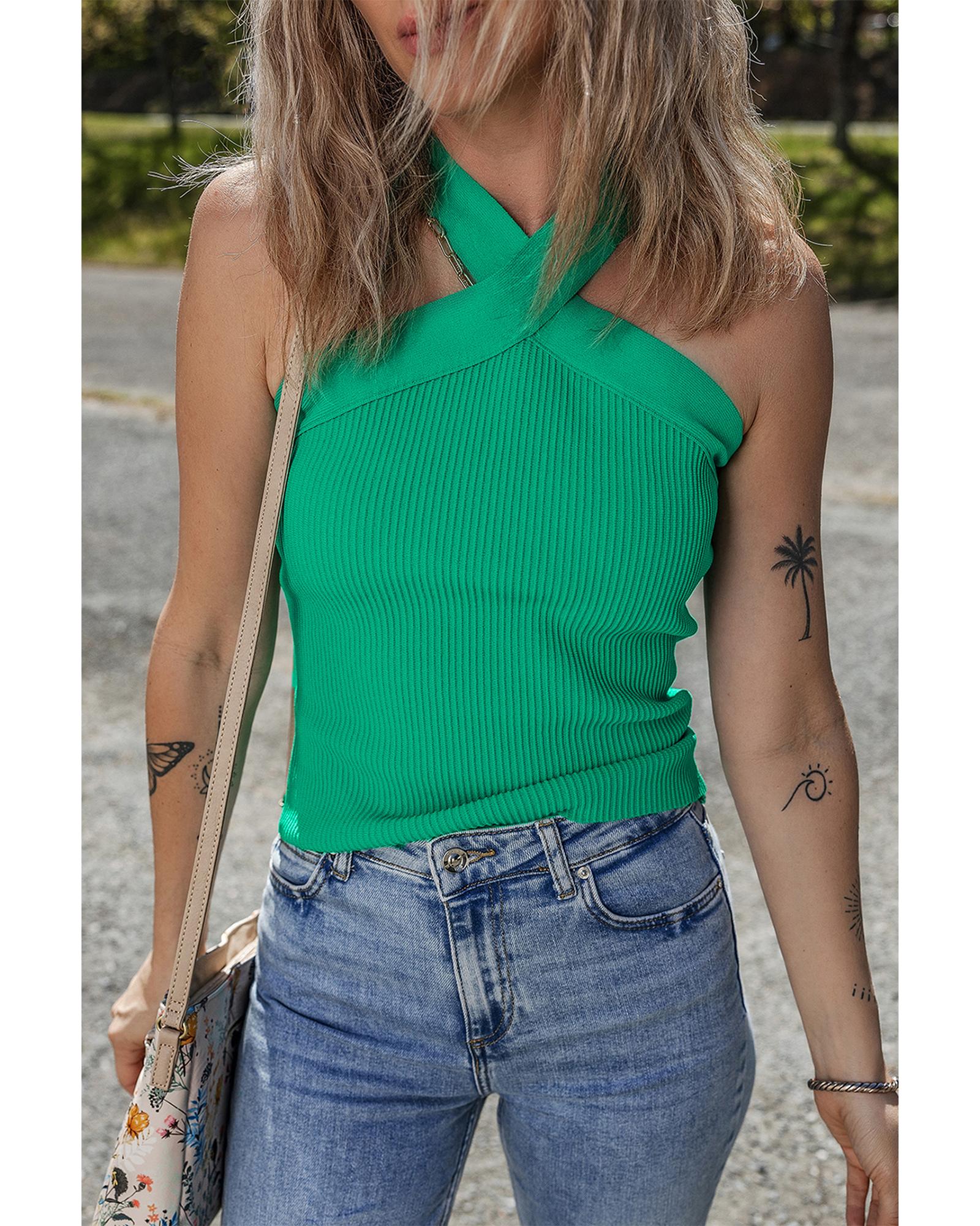 Dark Green Ribbed Criss Cross Halter Neck Sheath Sweater Tank Top - XL