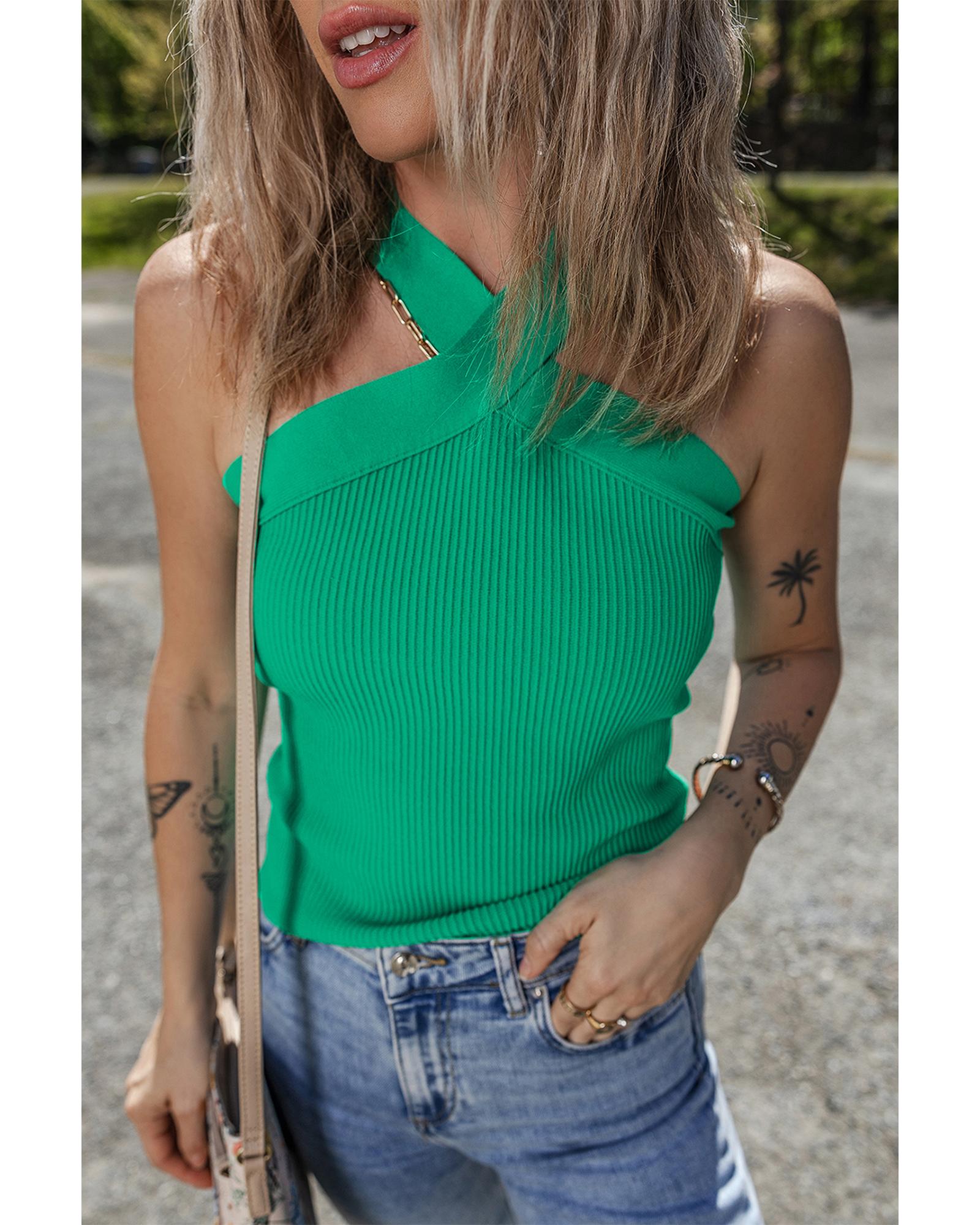 Dark Green Ribbed Criss Cross Halter Neck Sheath Sweater Tank Top - XL