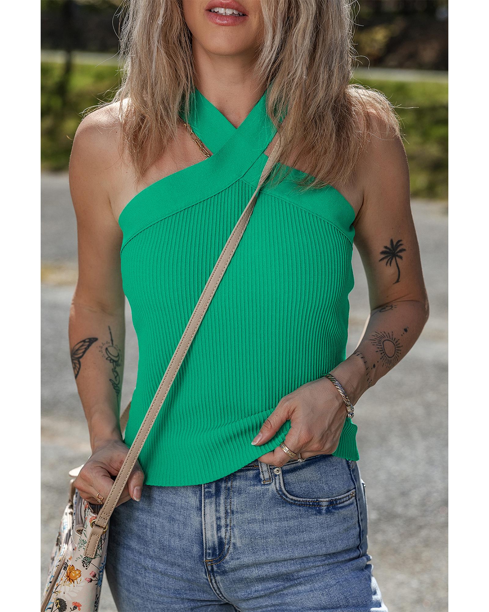 Dark Green Ribbed Criss Cross Halter Neck Sheath Sweater Tank Top - XL