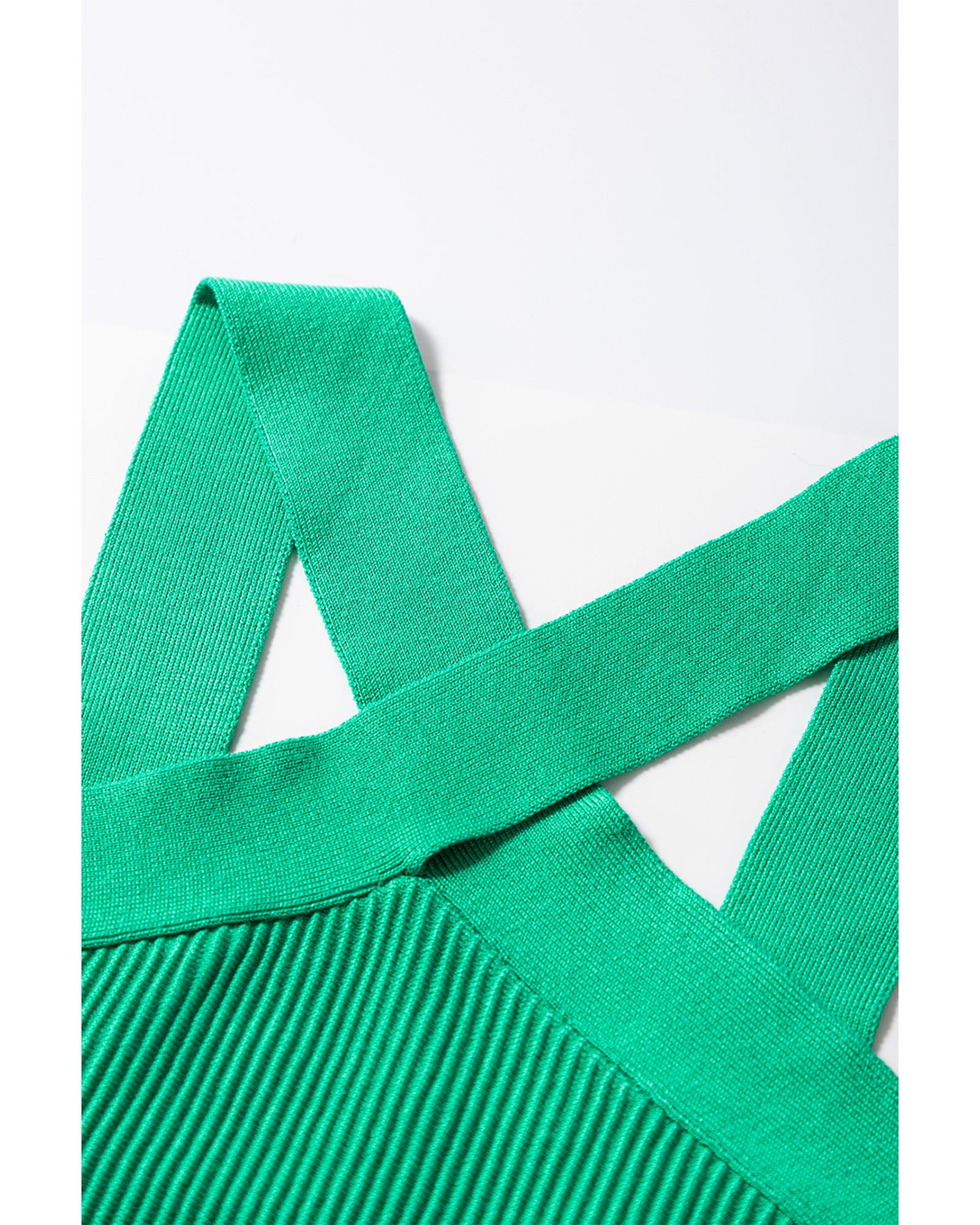 Dark Green Ribbed Criss Cross Halter Neck Sheath Sweater Tank Top - XL
