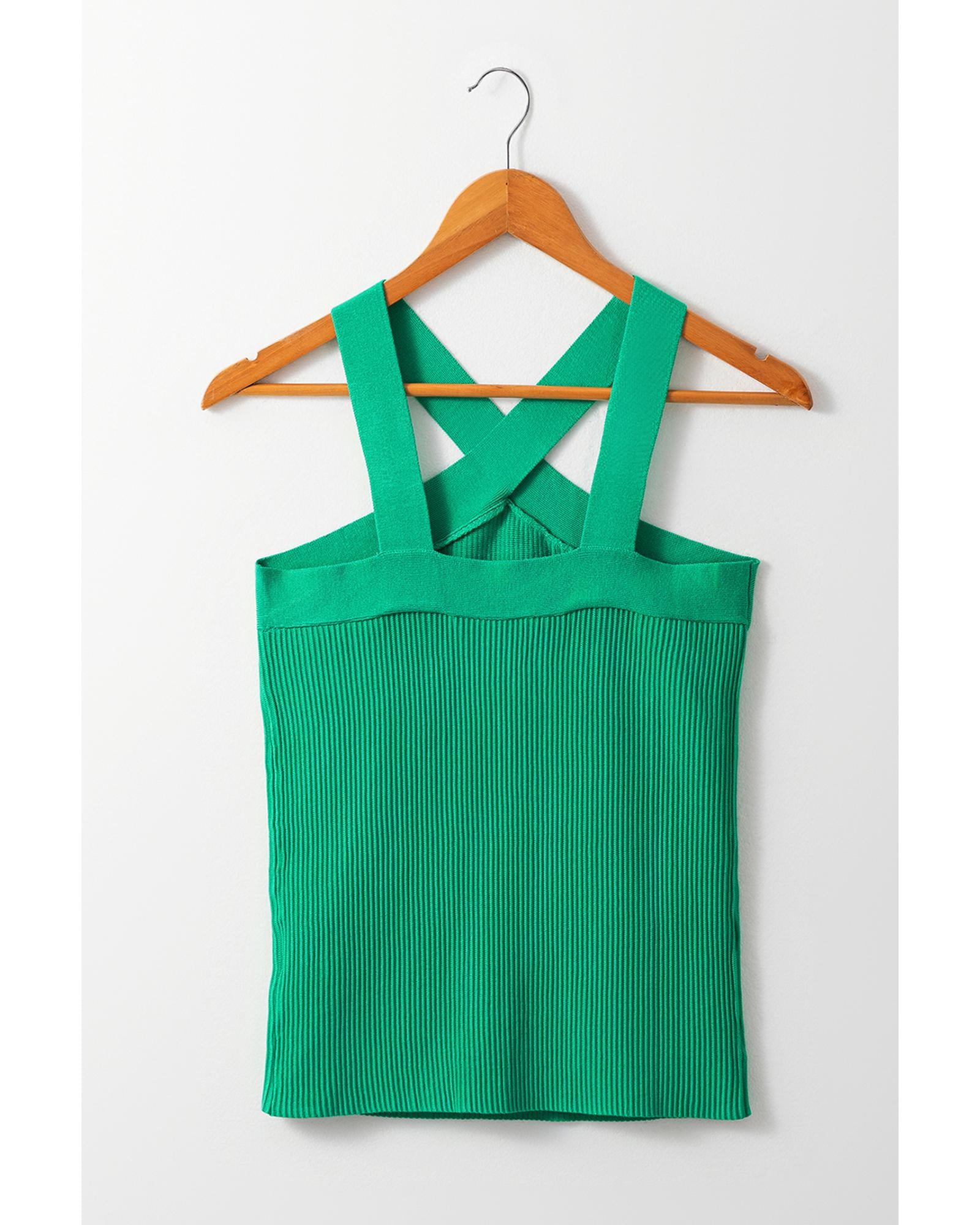 Dark Green Ribbed Criss Cross Halter Neck Sheath Sweater Tank Top - XL