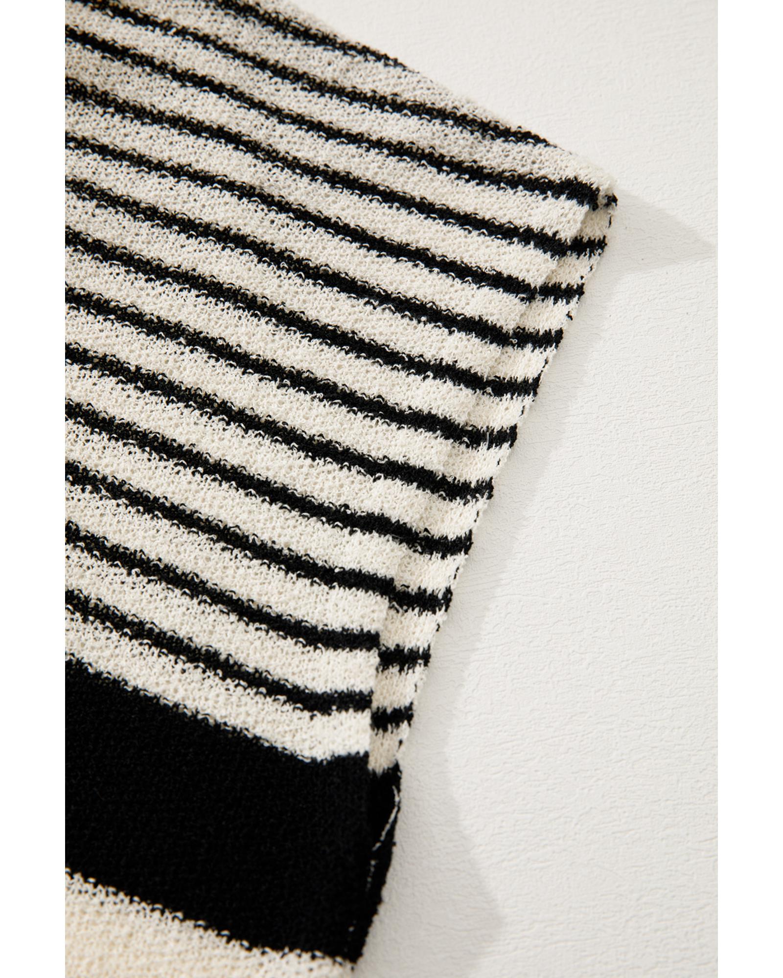 Black white Striped O Neck Sweater Vest - L