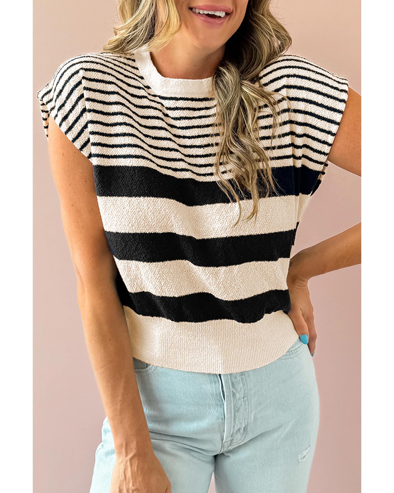 Black white Striped O Neck Sweater Vest - L